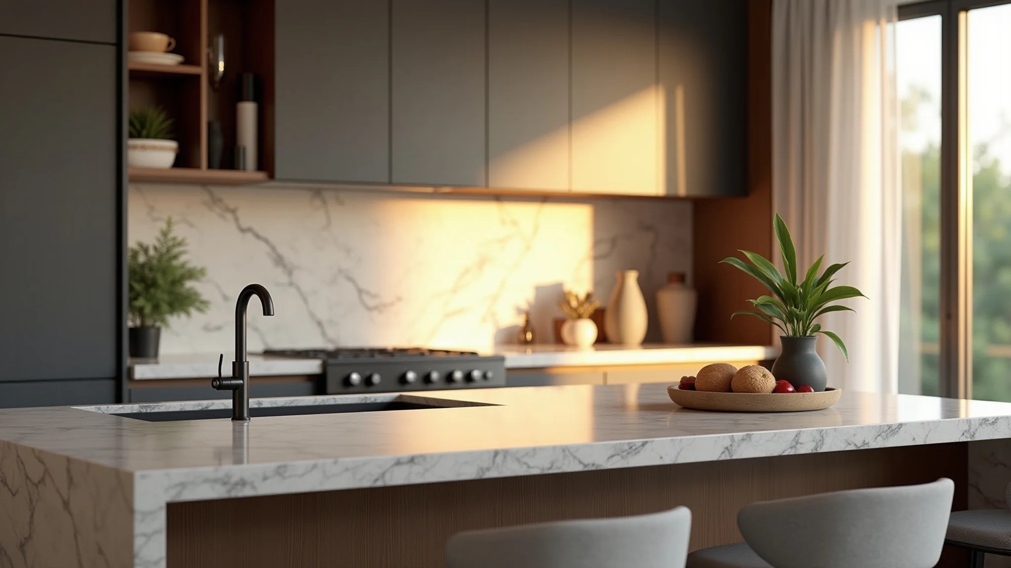 Cozinha elegante com bancada de mármore e detalhes de design brasileiro.