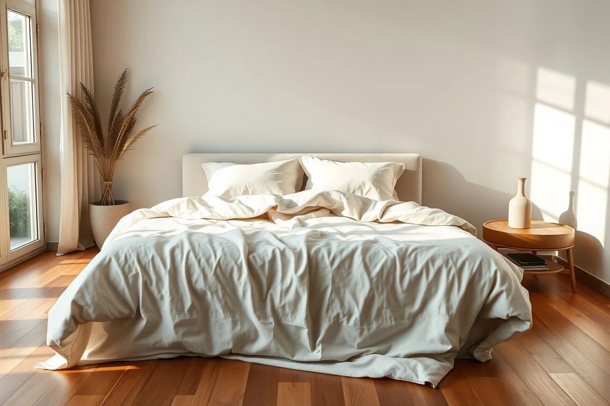 Roupa de cama de linho elegante em tom neutro em quarto minimalista.
