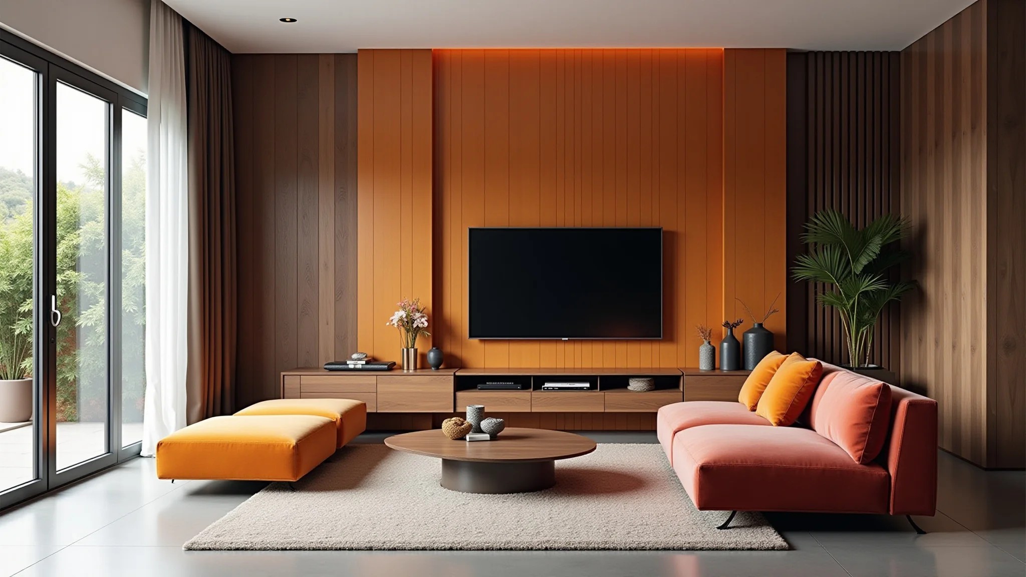 Sala de estar elegante com boiserie, sofá moderno e design brasileiro.