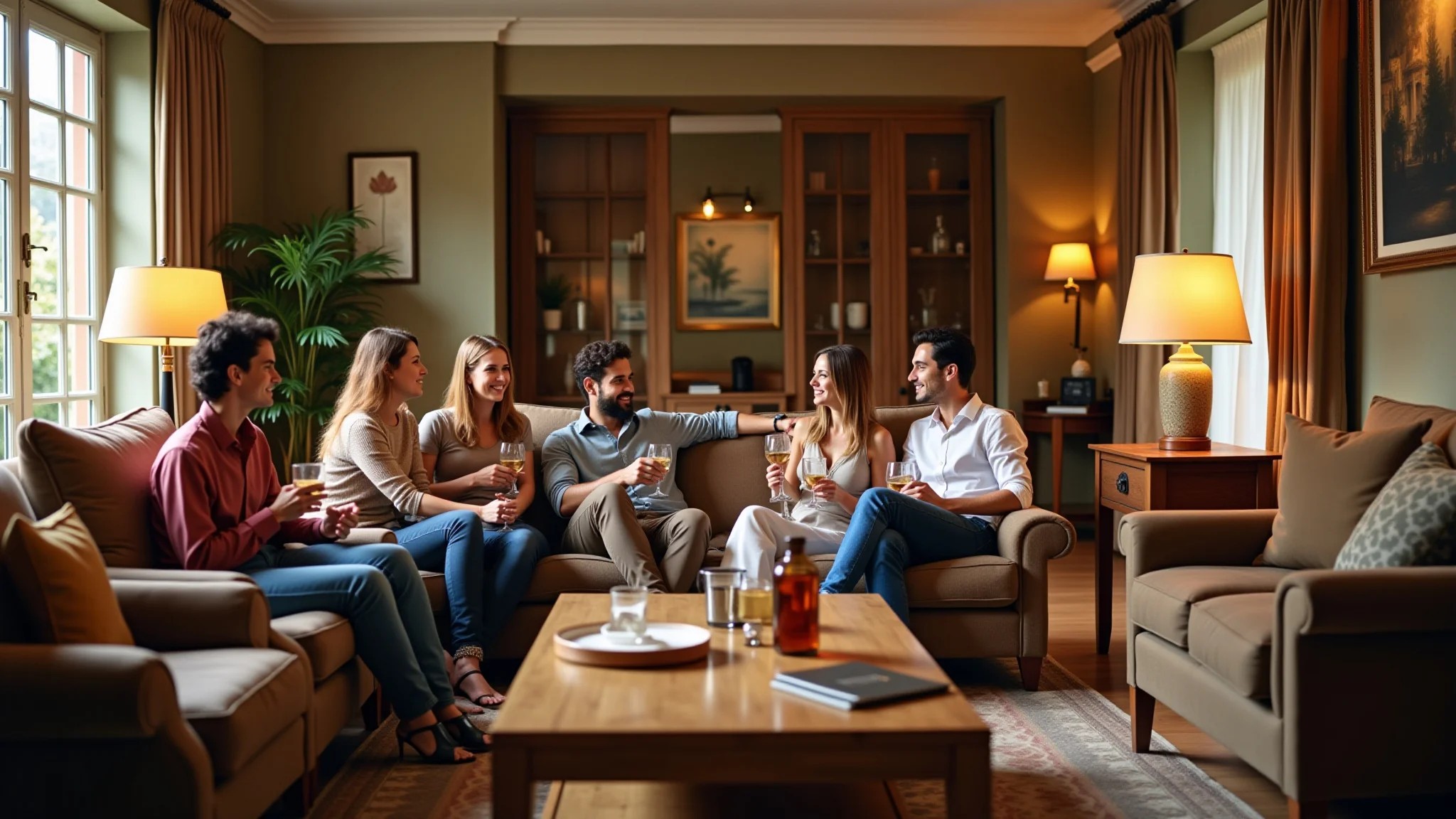 Sala de estar elegante em estilo clássico com amigos desfrutando de bebidas.