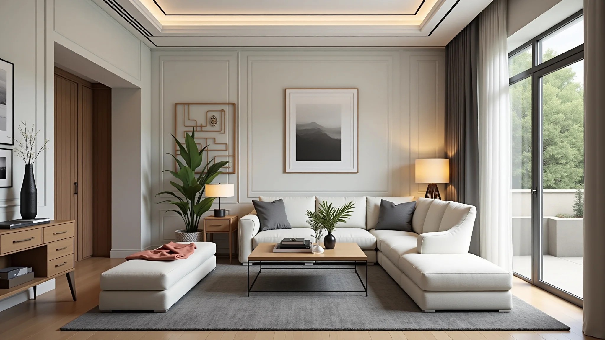 Sala de estar elegante em estilo clássico com materiais de alta qualidade.