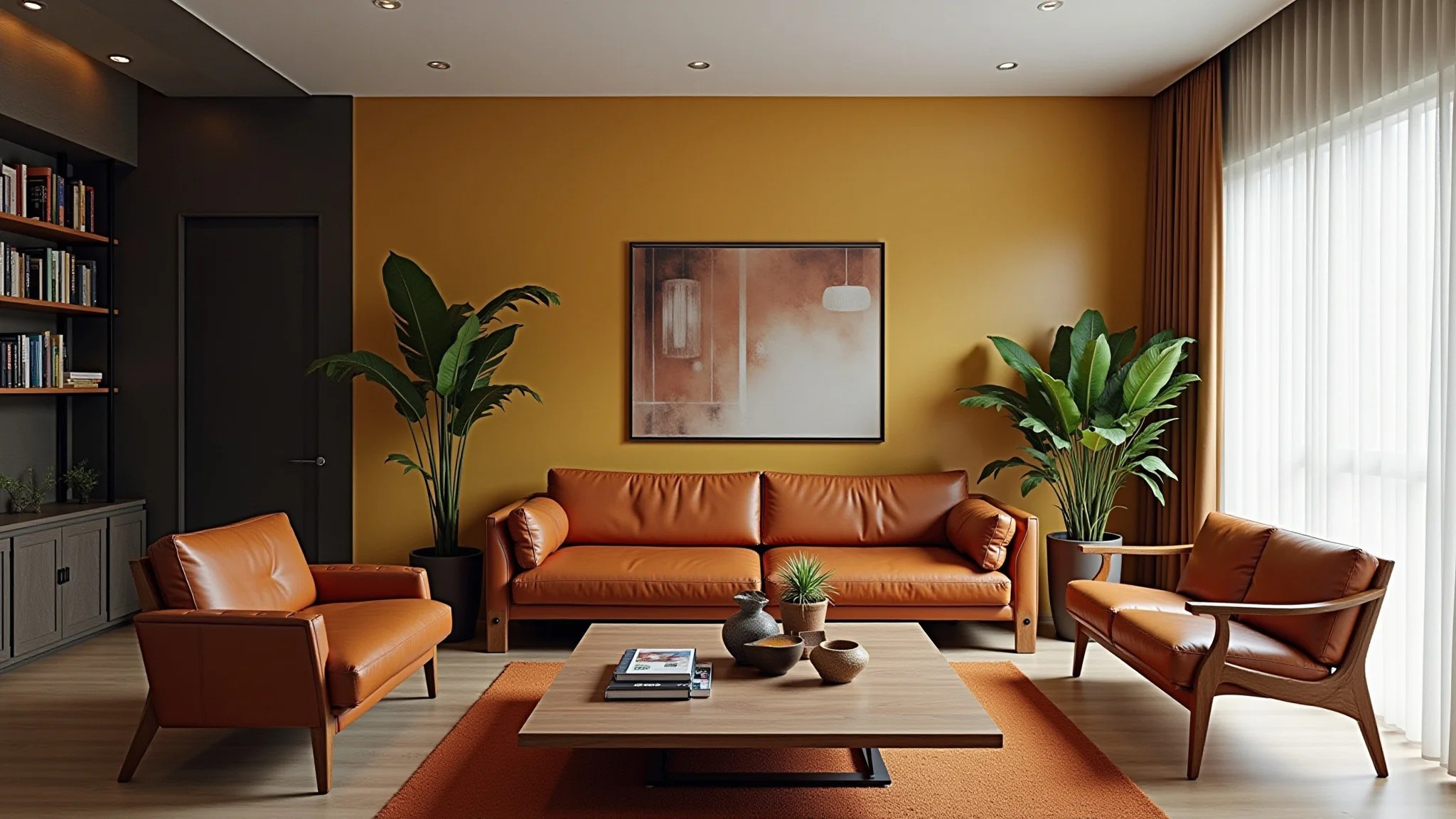 Sala de estar elegante com sofá de couro marrom, design brasileiro e cores vibrantes.