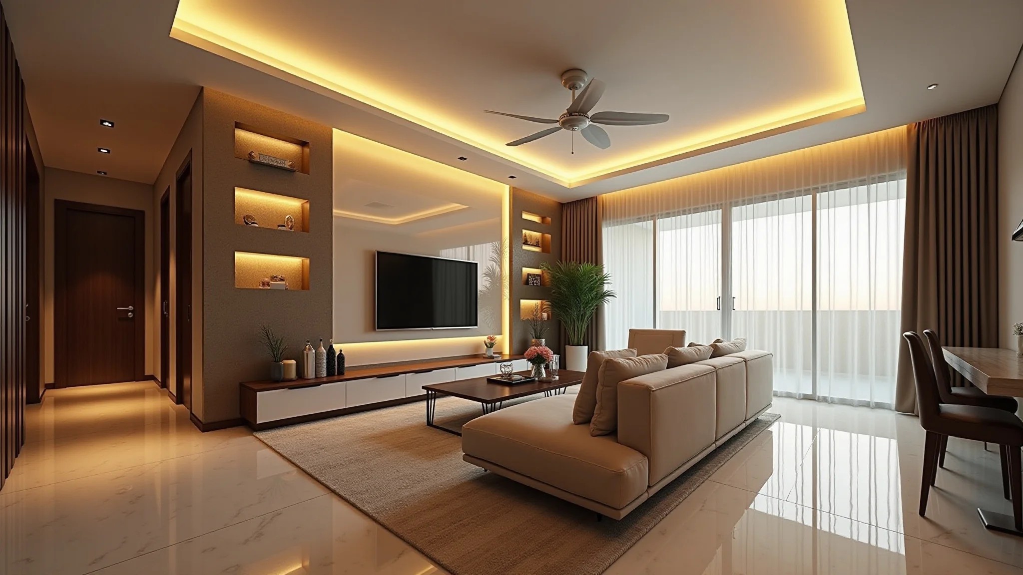 Sala de estar elegante com sanca de gesso moderna e iluminação LED embutida.