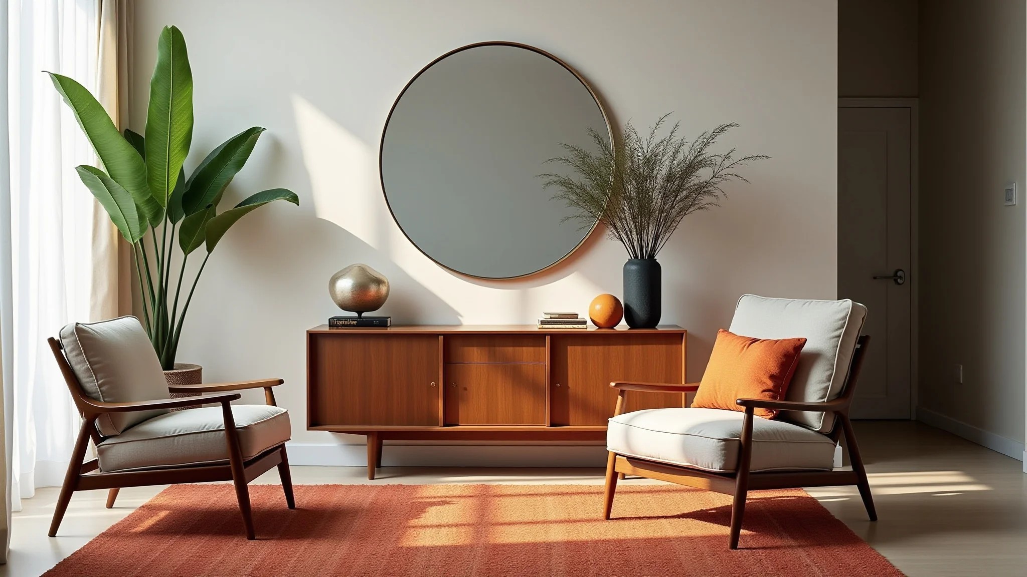 Sala de estar elegante com espelho Adnet, console de madeira, tapete brasileiro vibrante e plantas.