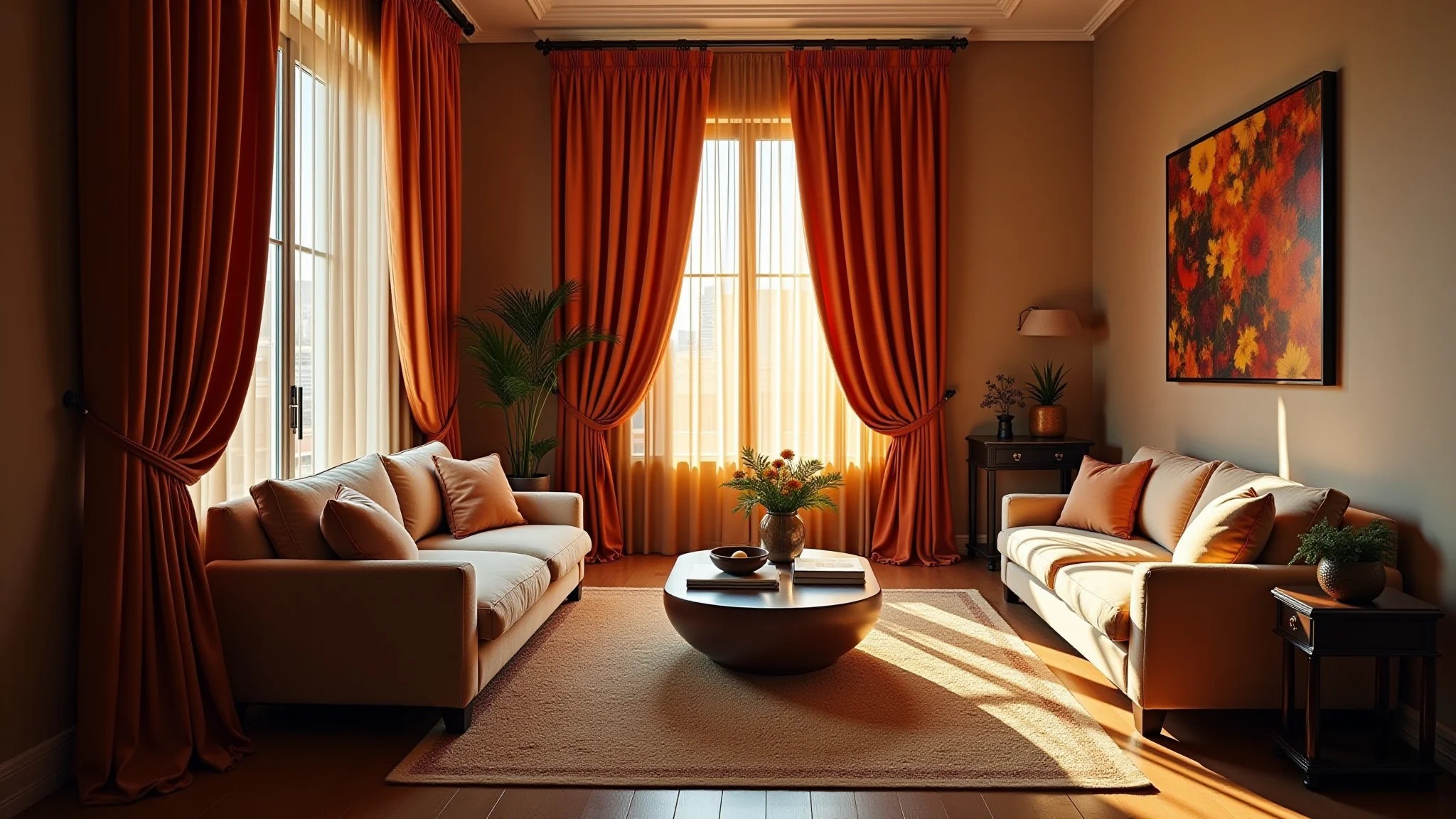 Sala elegante com cortinas de veludo do chão ao teto e decoração sofisticada.