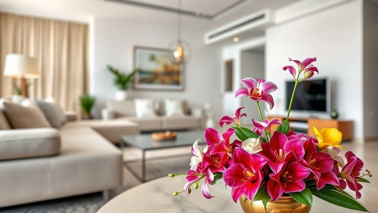 Arranjo de flores artificiais vibrante em mesa de centro, sala de estar moderna brasileira.