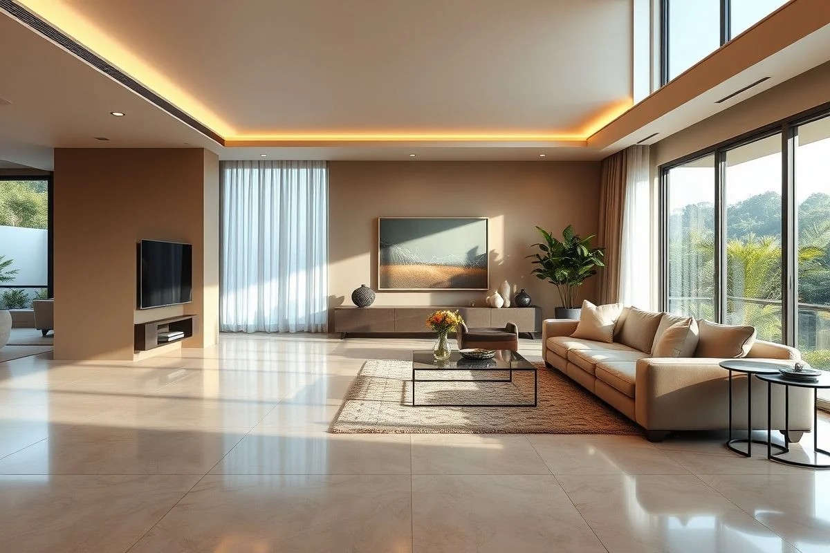 Sala de estar moderna com piso de porcelanato e iluminação planejada no Brasil.