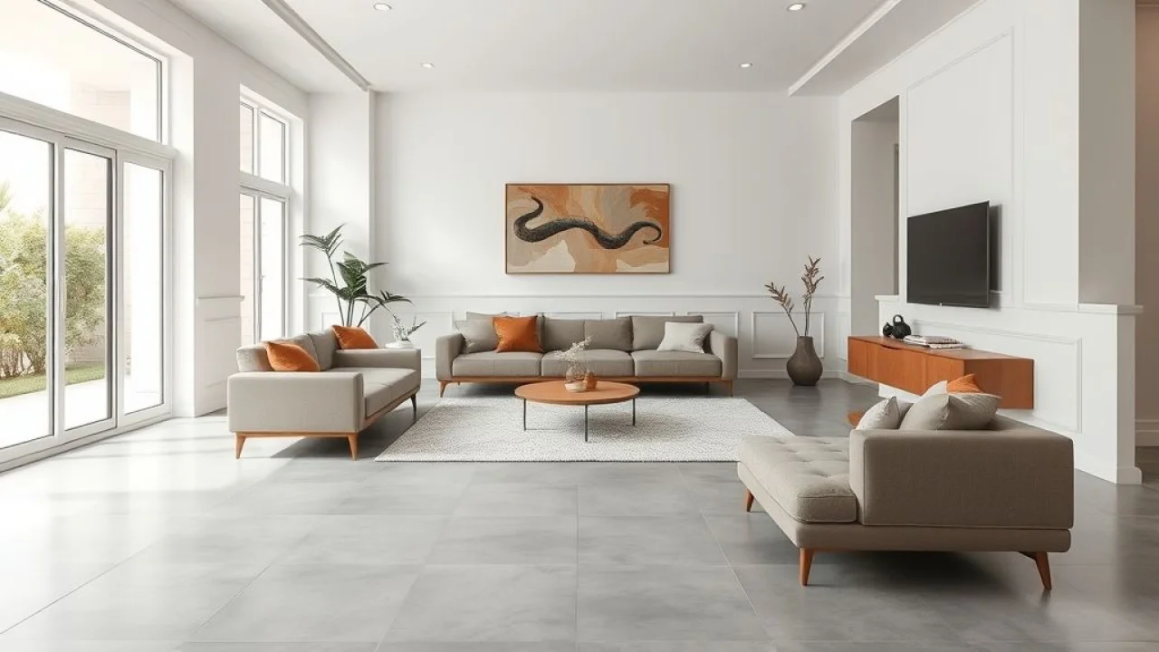 Sala de estar moderna com piso de porcelanato cinza claro e rodapé branco. Design clean e elegante.