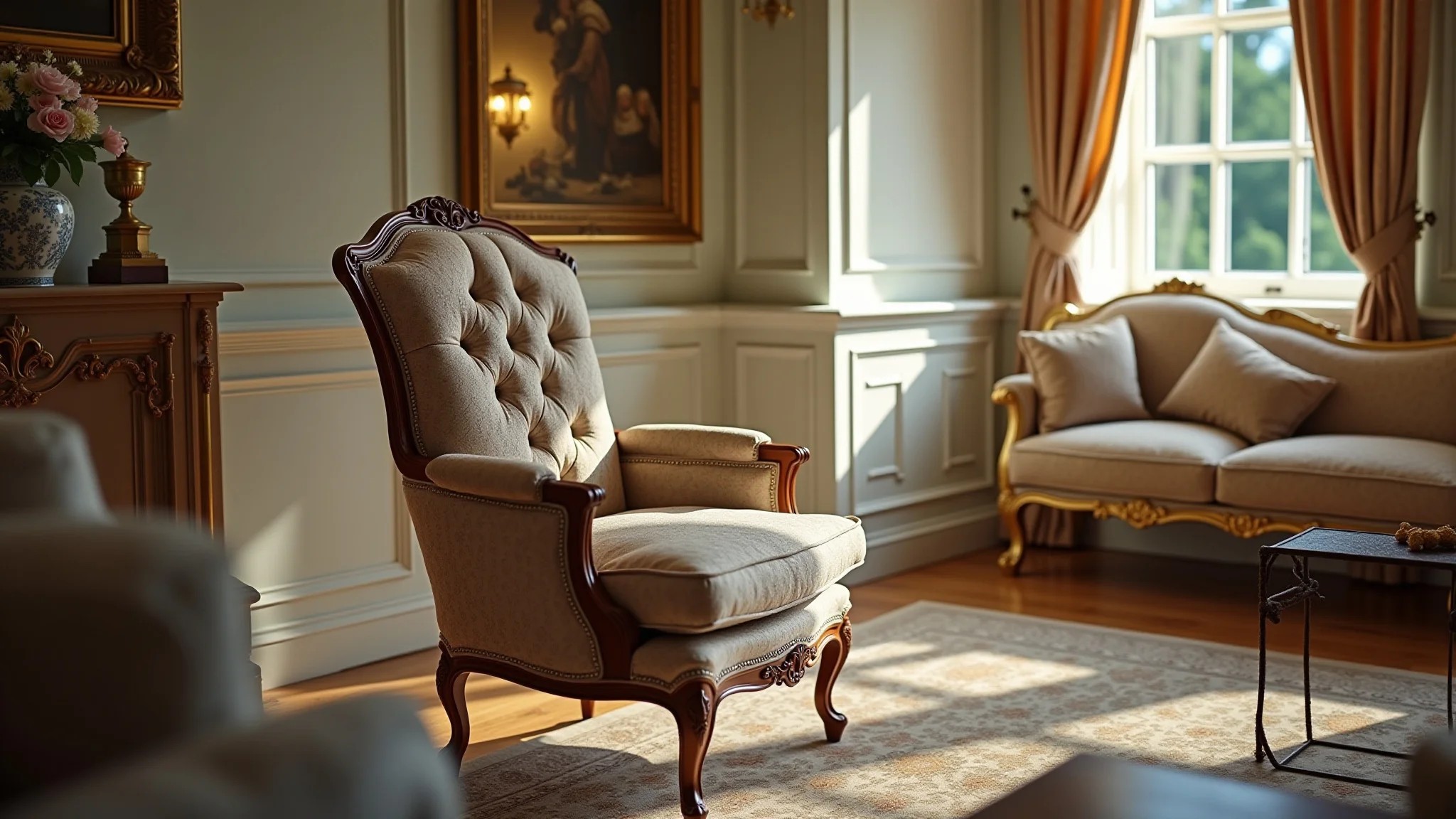 Sala elegante com poltrona Luis XV e móveis clássicos.