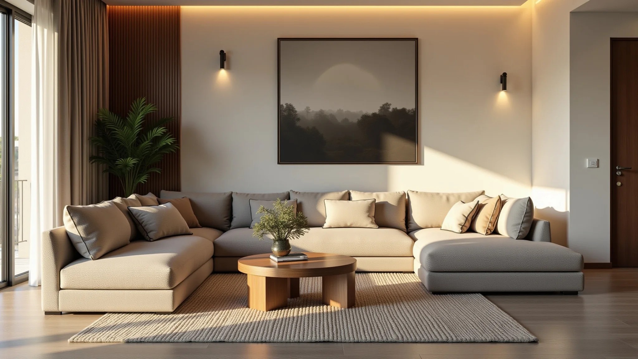 Sala de estar elegante com cores neutras e design brasileiro, iluminação suave.