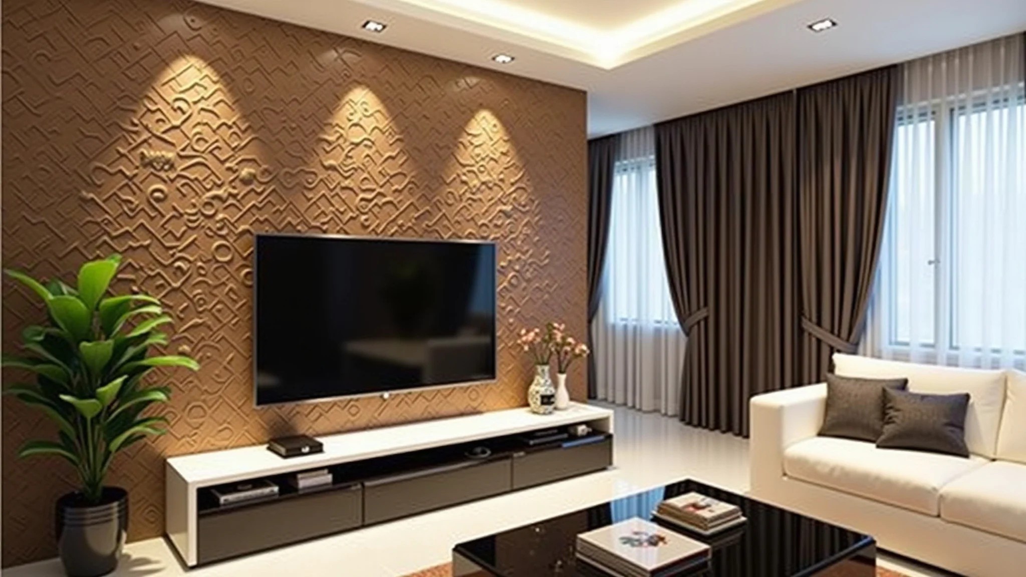 Sala elegante com papel de parede 3D com efeito de madeira e decoração sofisticada.