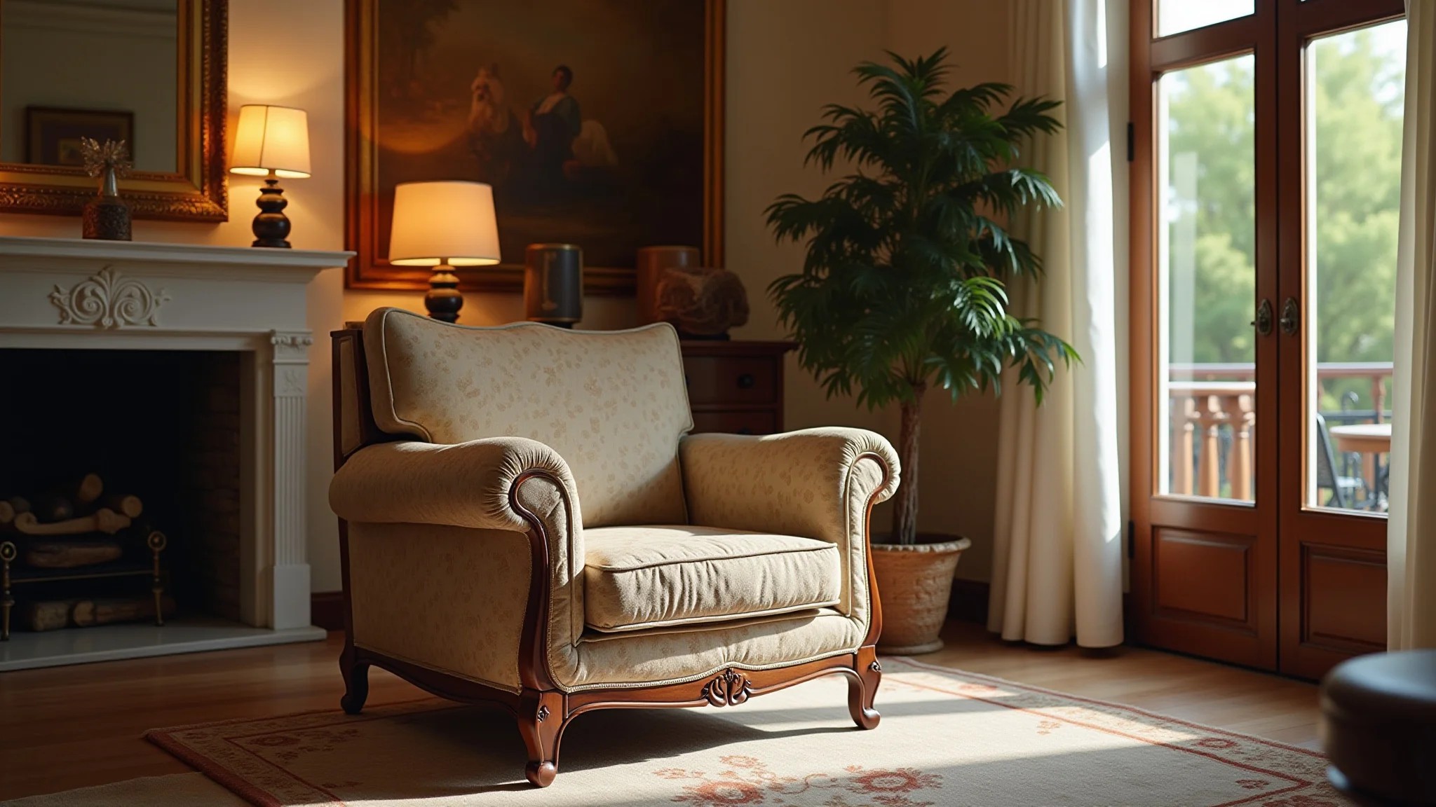 Sala de estar elegante com poltrona clássica, detalhes refinados e iluminação acolhedora.