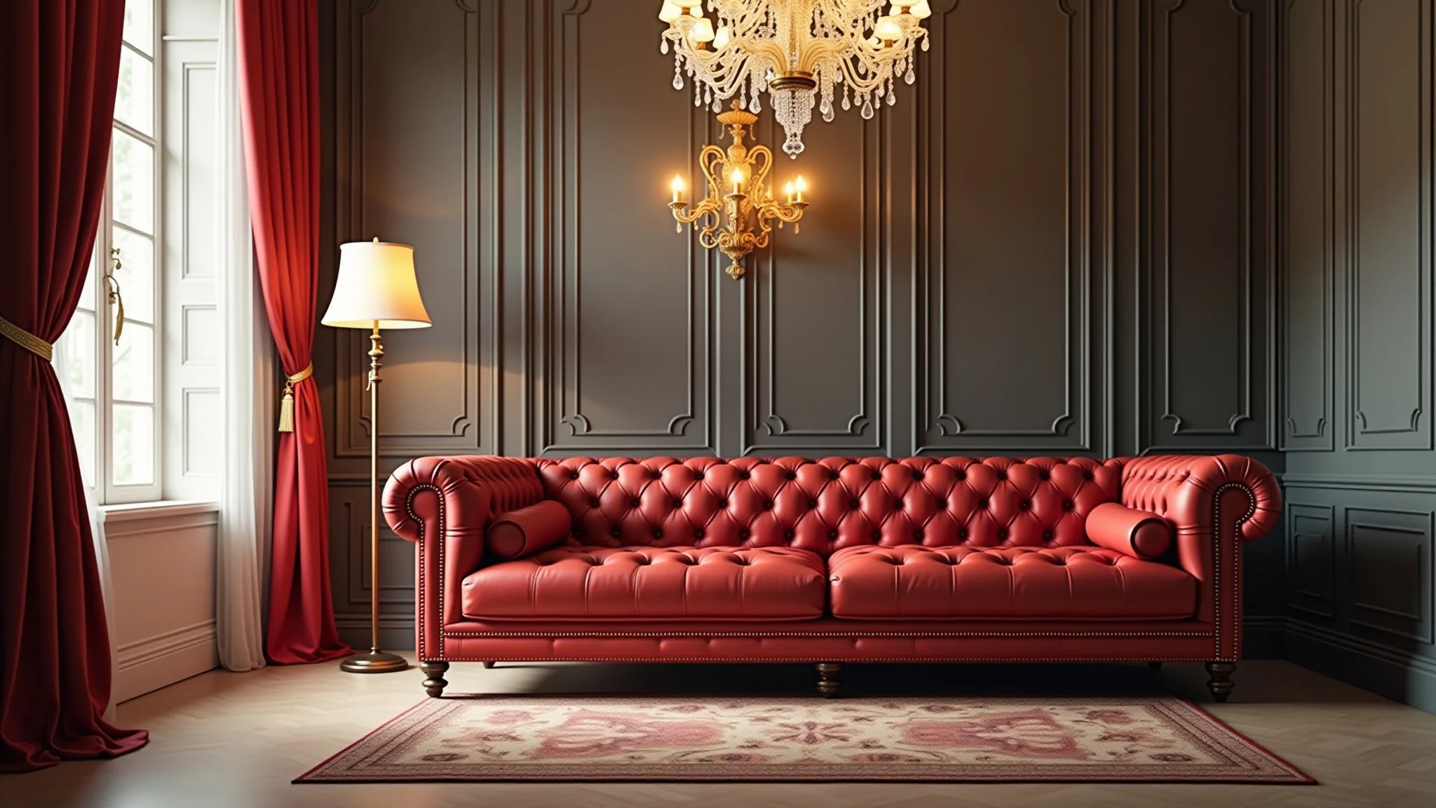 Sala elegante com sofá de couro vermelho, estilo clássico e lustre de cristal.
