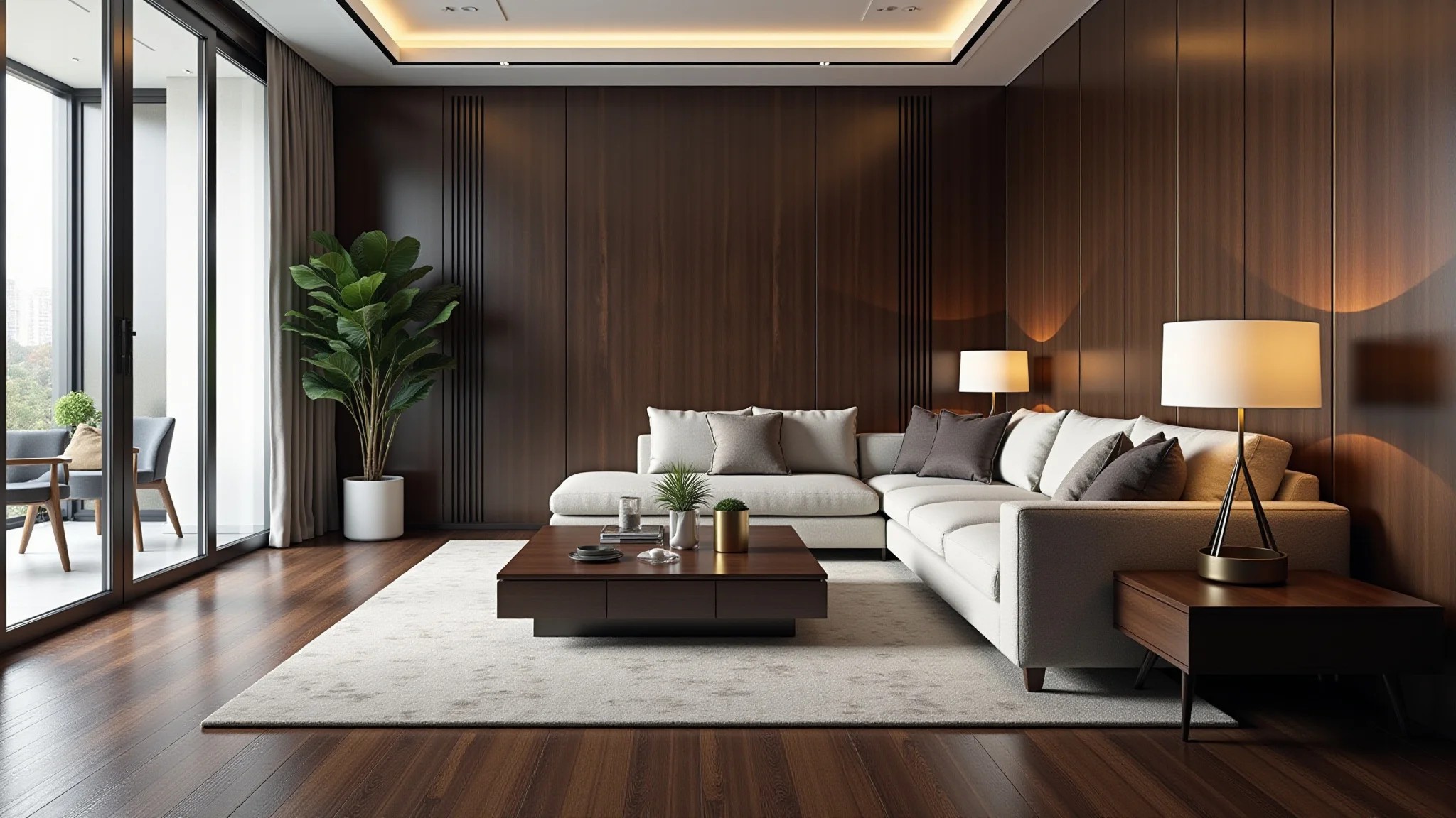 Sala elegante com piso laminado escuro, móveis brasileiros e iluminação clara.