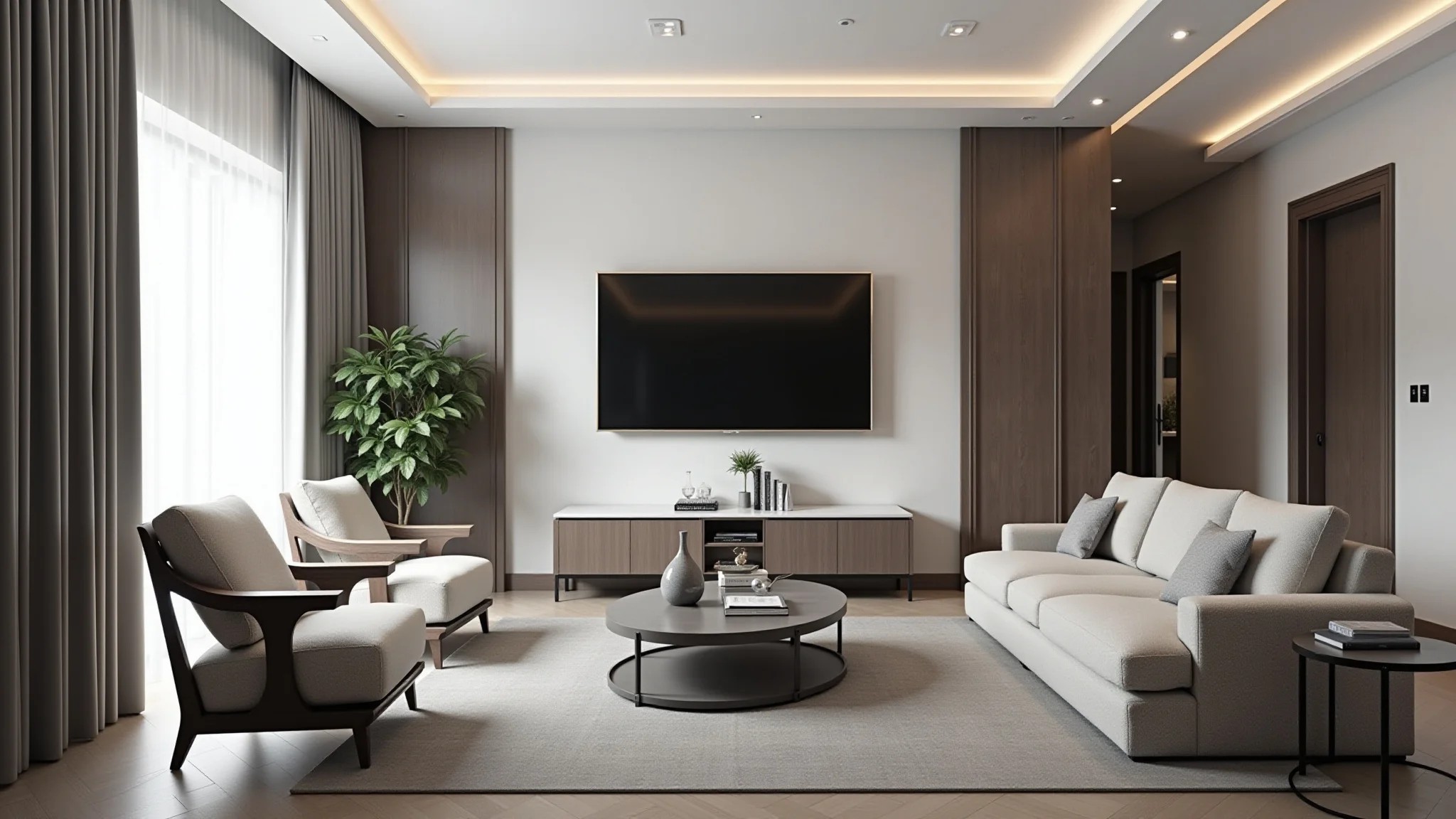 Sala de estar elegante com paleta de cores cinza e branco, móveis estilo brasileiro.