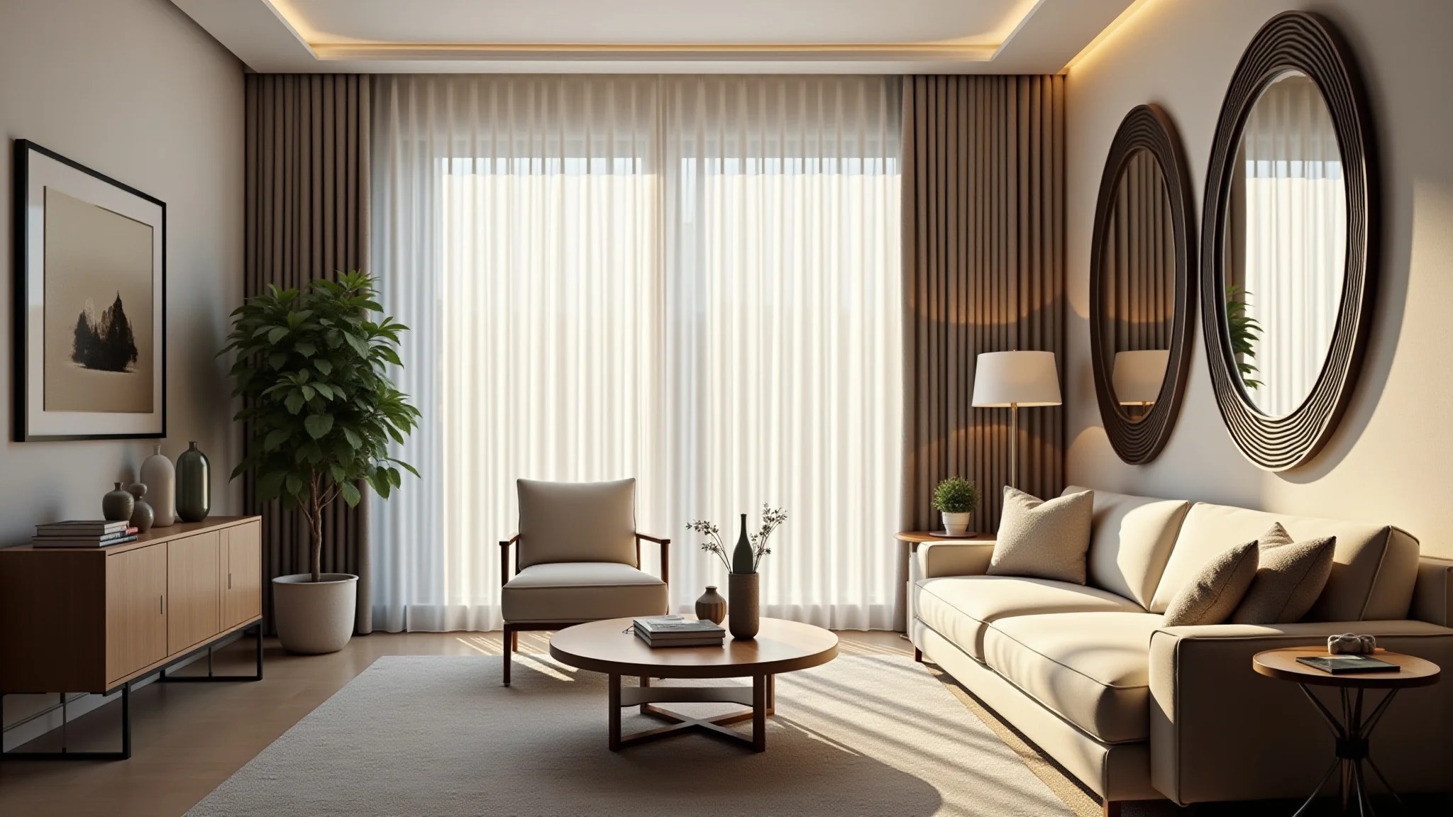 Sala de estar elegante com tons neutros, cortinas texturizadas e espelhos decorativos.