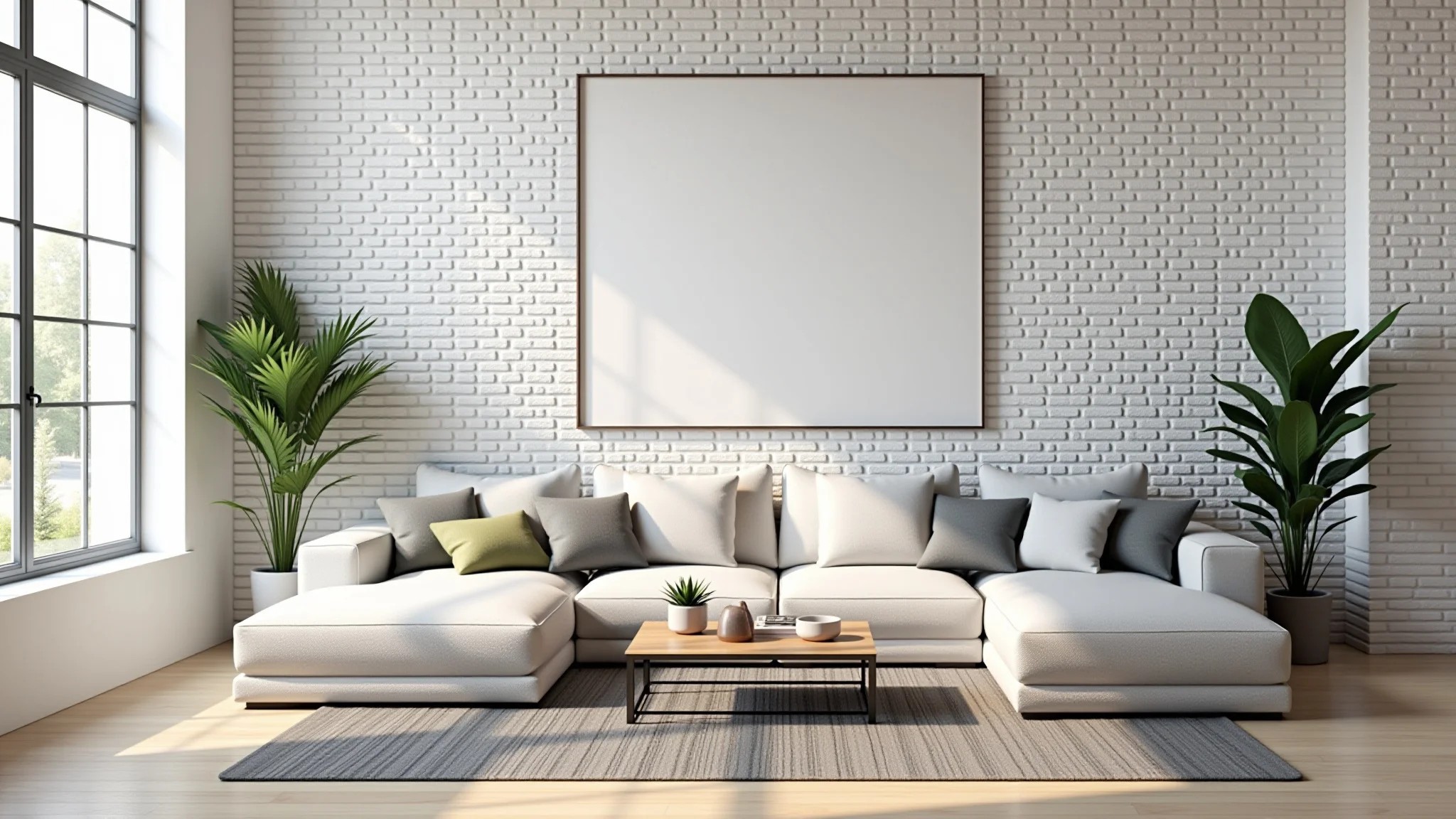 Sala elegante com parede de tijolinho branco e decoração minimalista.