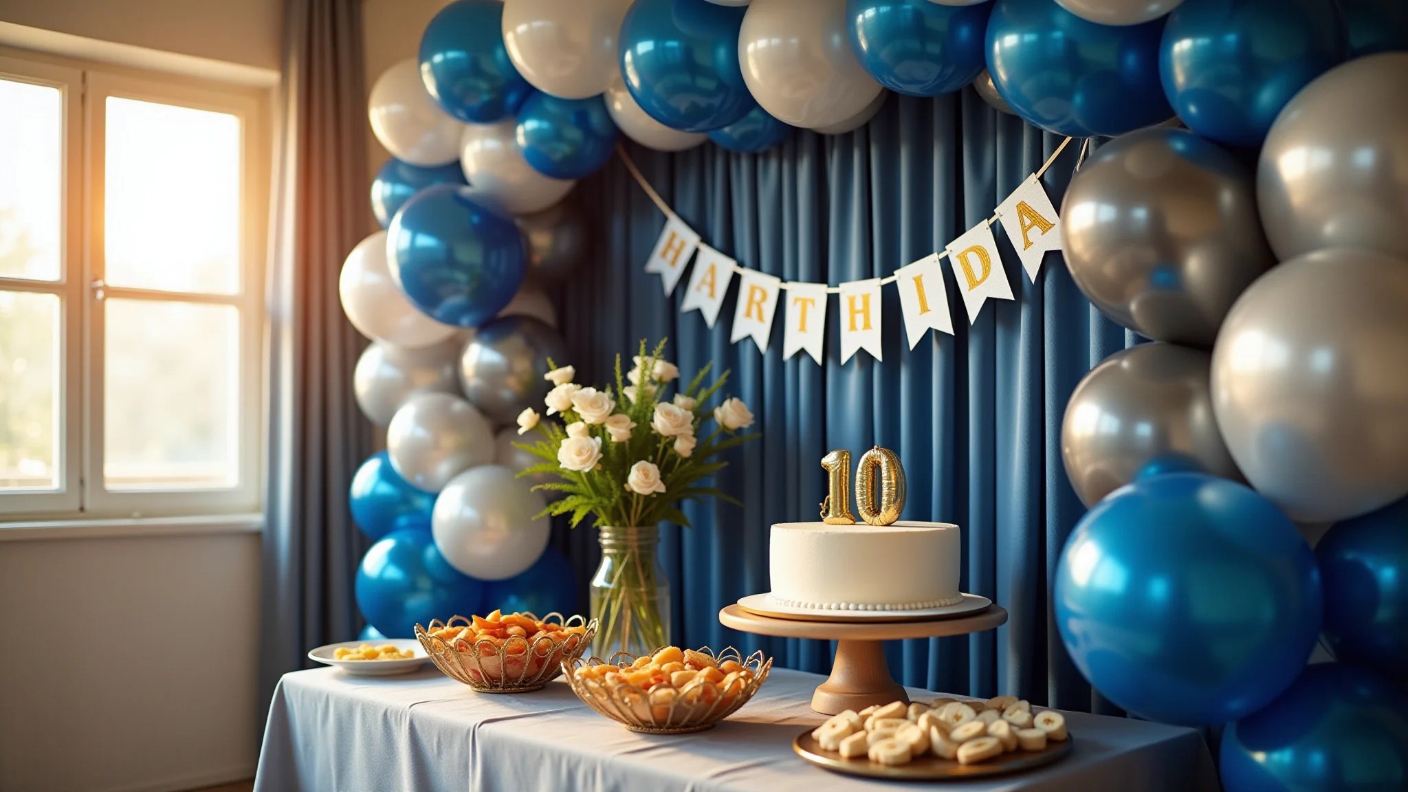 Mesa de aniversário elegante para homem com balões azuis e prateados.