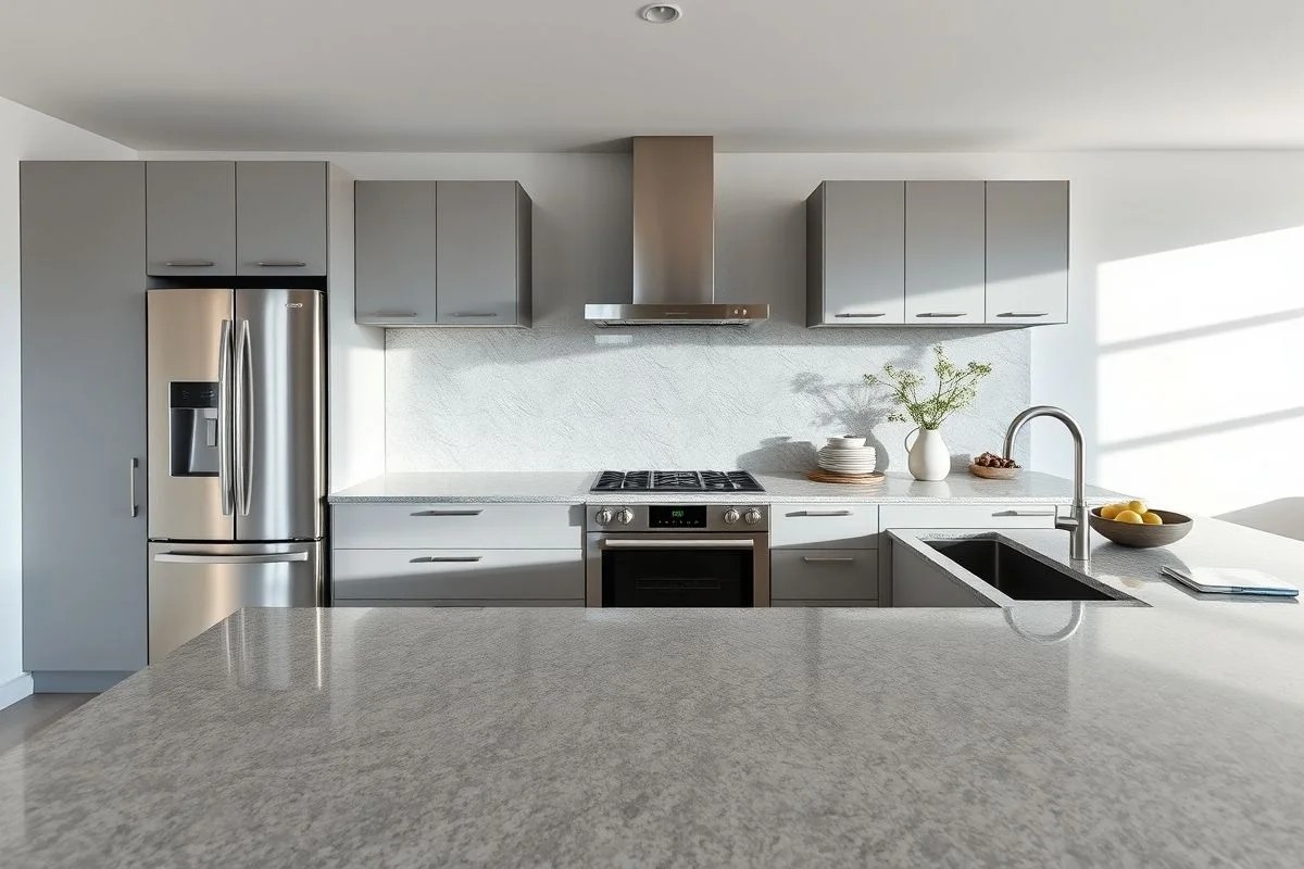 Cozinha moderna com bancada e revestimento em granito cinza, iluminação natural suave.