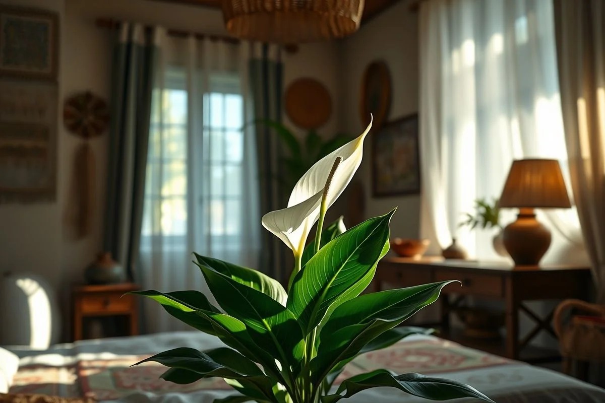 Lírio da Paz elegante em quarto com decoração brasileira, sob luz suave.