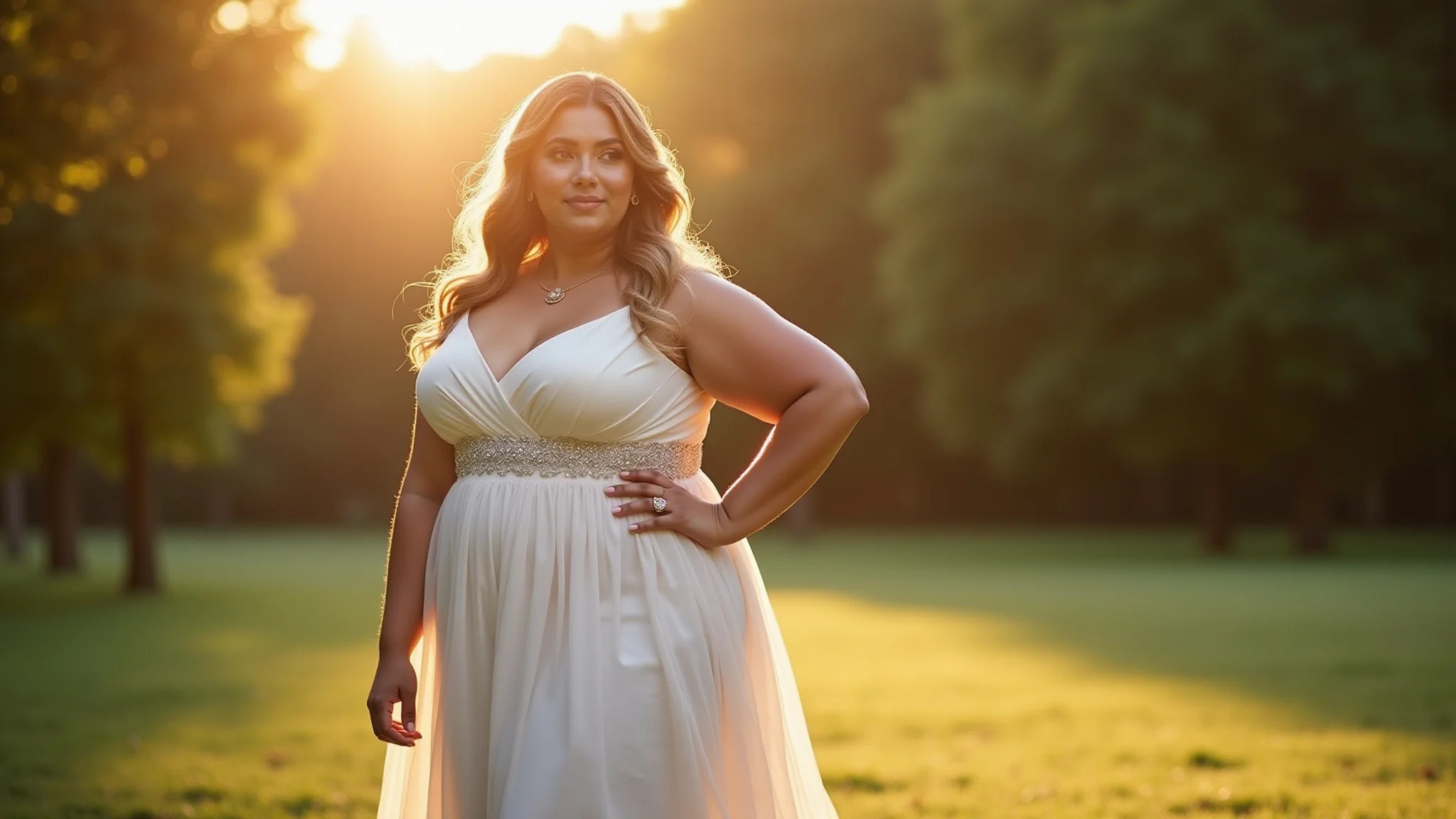 Madrinha plus size deslumbrante em vestido de festa corte império, casamento ao ar livre.