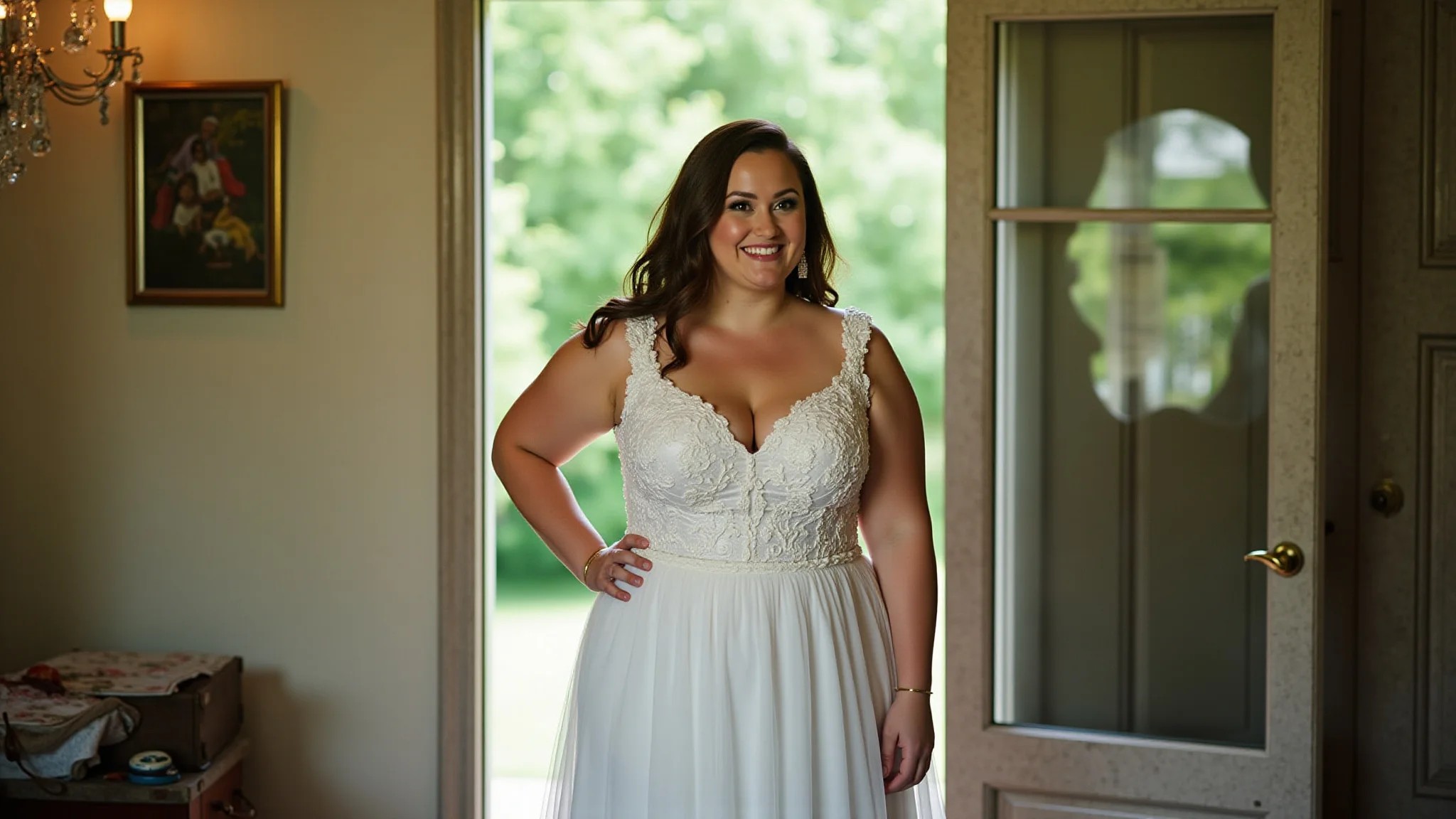 Mulher plus-size elegante em vestido midi em casamento no jardim.