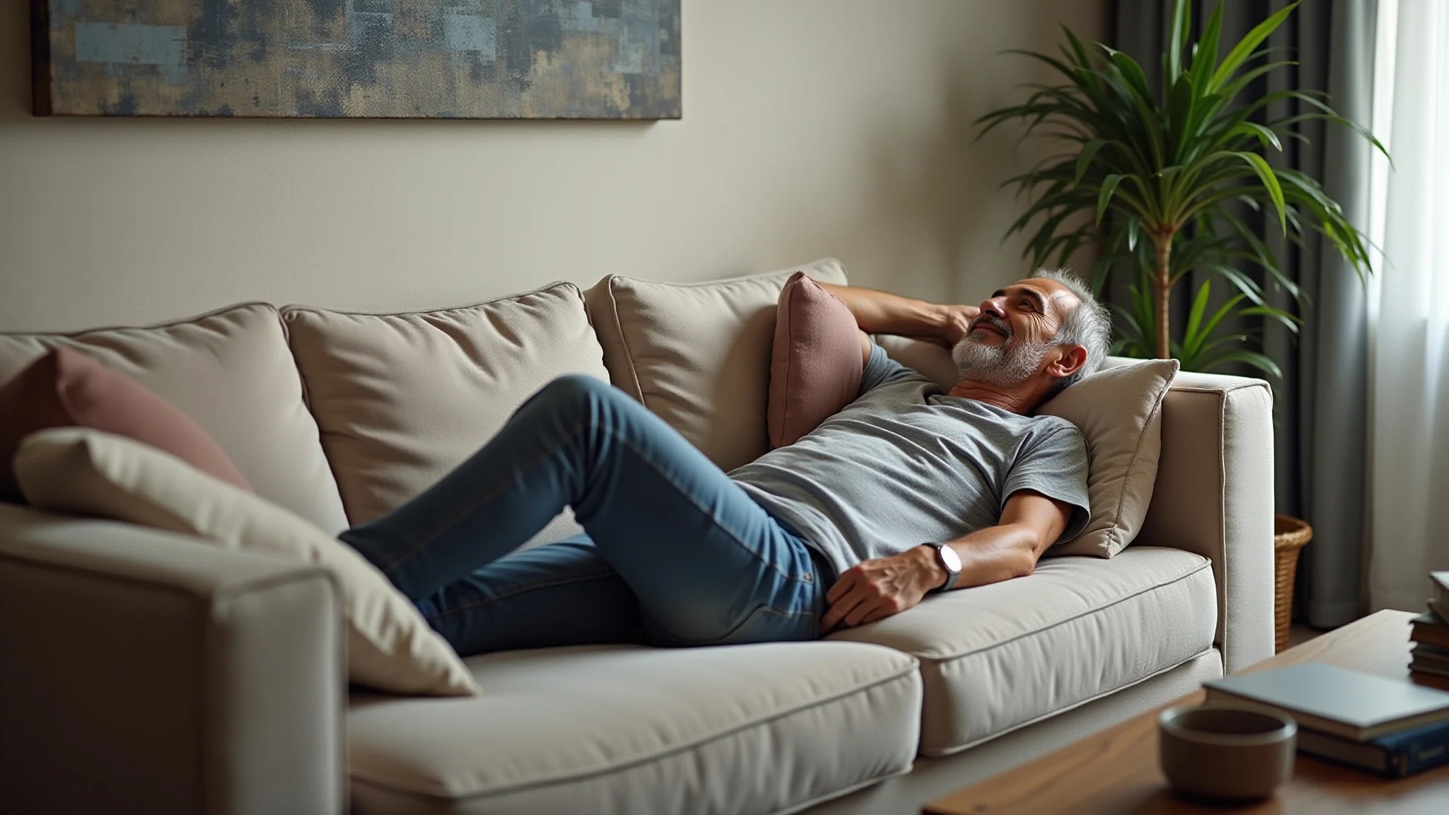 Sofá retrátil elegante em sala de estar com cores neutras e homem descansando.