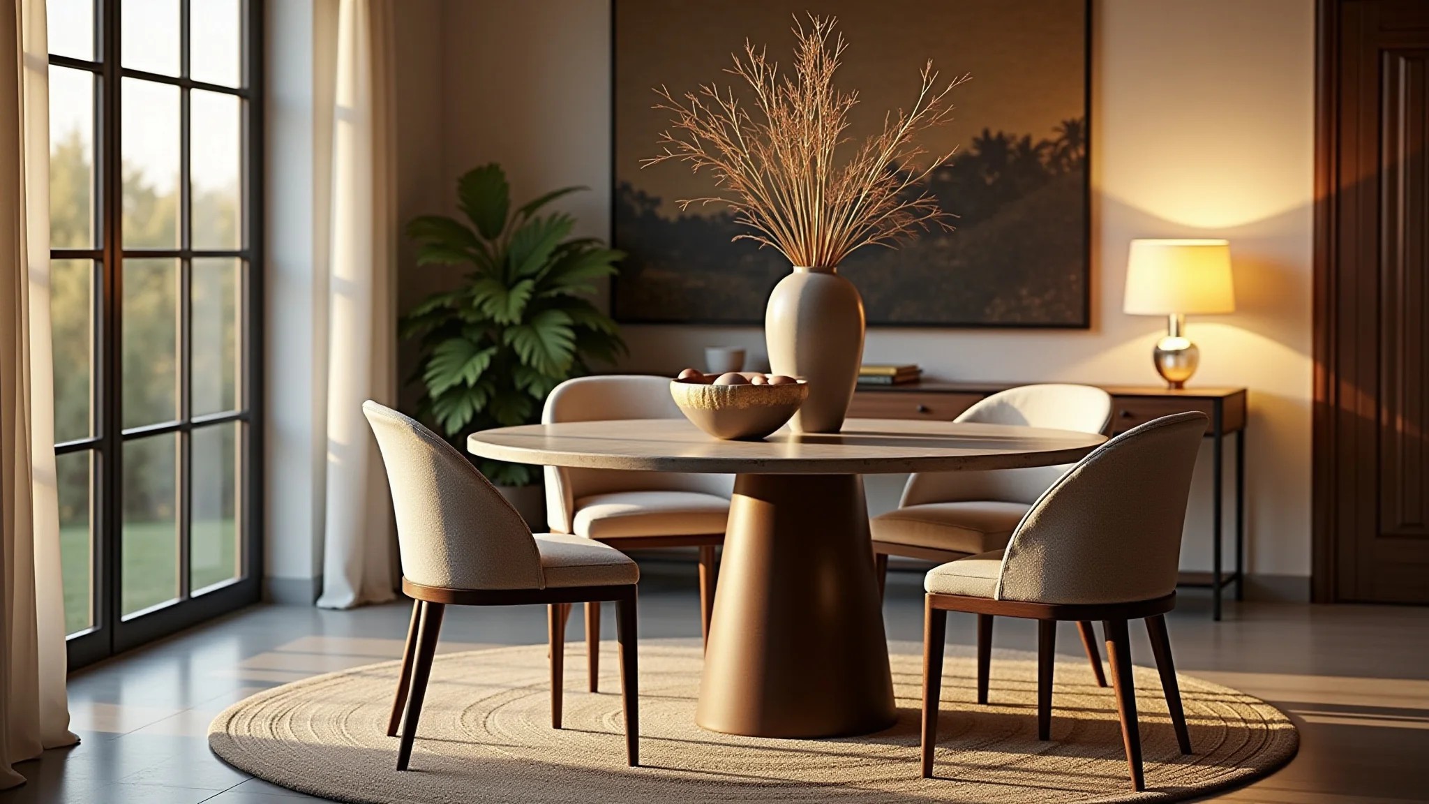 Mesa de jantar redonda com cadeiras estofadas em sala de jantar elegante.
