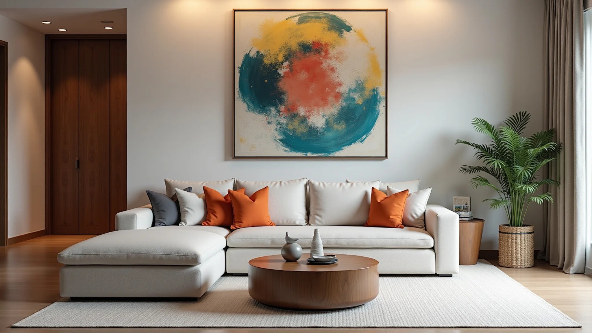 Sala pequena elegante com cores neutras e toques vibrantes de arte brasileira.