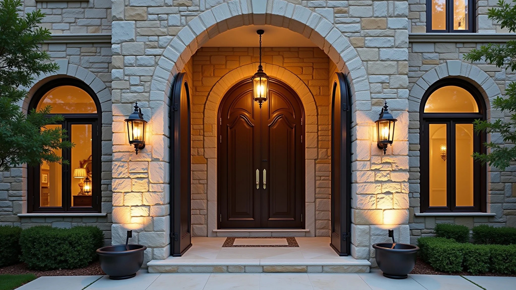Fachada elegante com revestimento em pedra e iluminação estratégica.