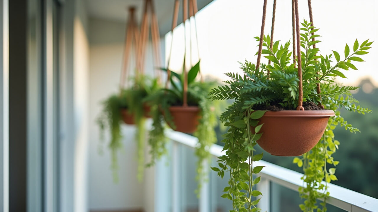 Cachepots suspensos com samambaias e heras em varanda elegante.