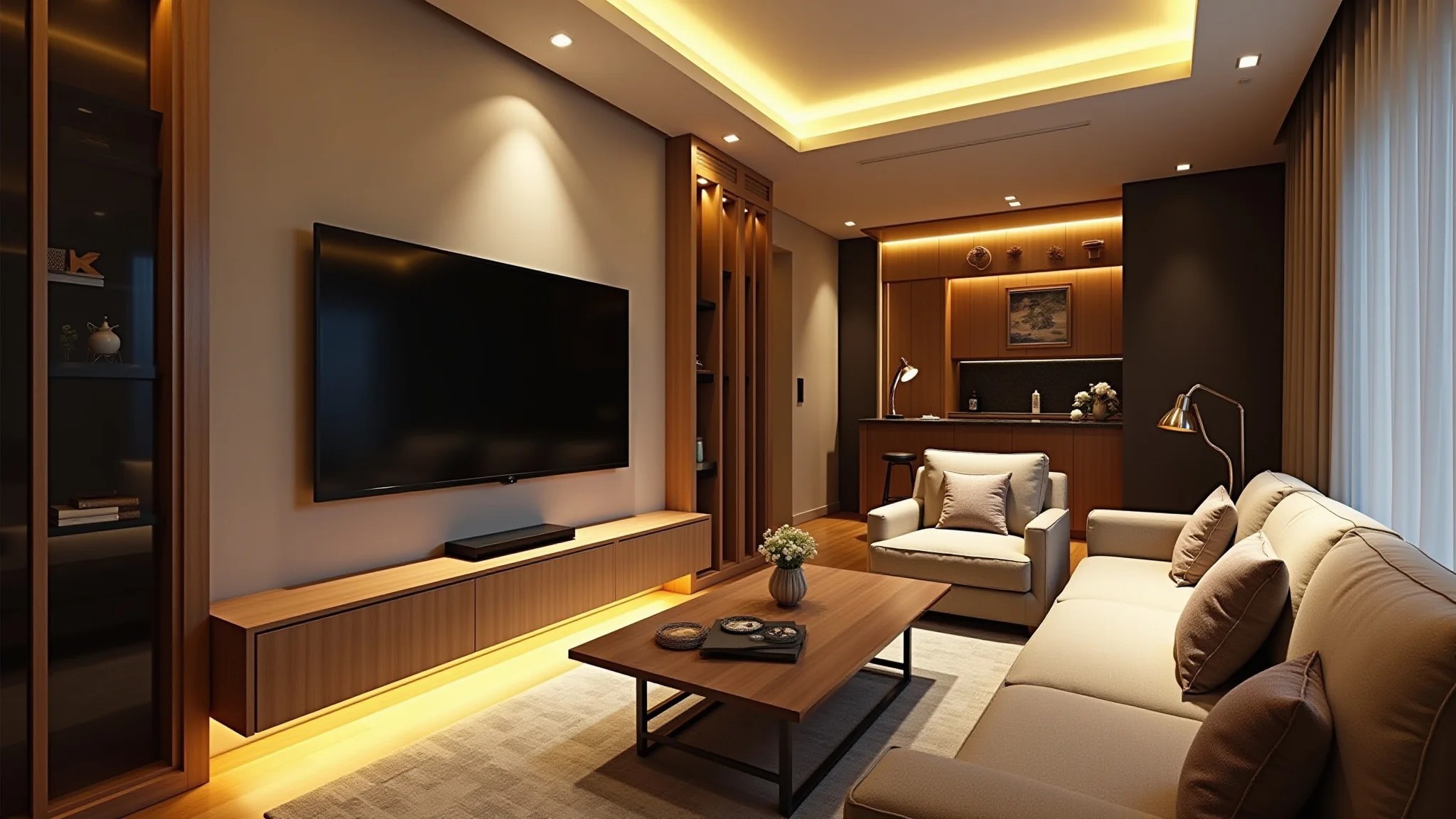 Sala de TV elegante com sofá confortável, almofadas decorativas e iluminação suave.