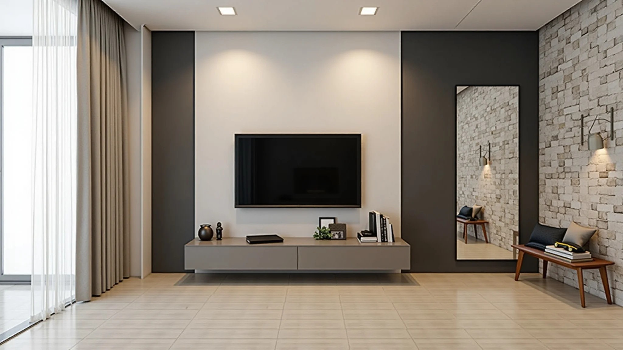 Sala de TV elegante com papel de parede em meia parede e iluminação brilhante.