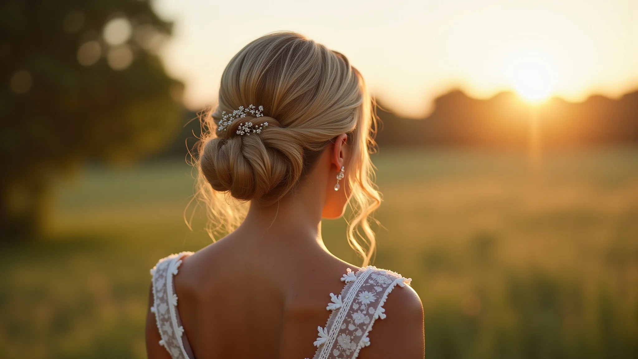 Penteado elegante para madrinha de casamento, luz dourada suave, estilo Farm Rio.