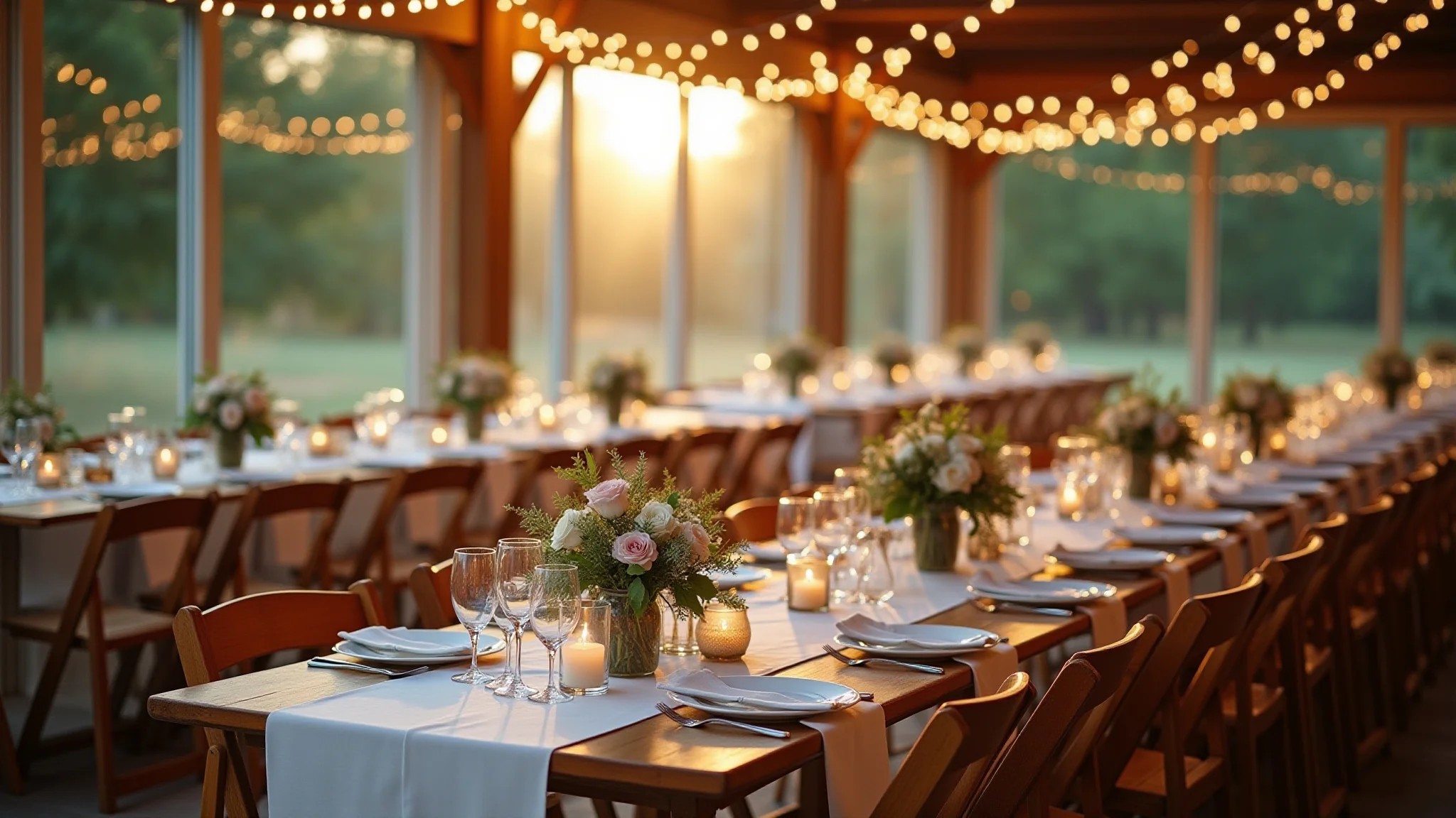 Recepção de casamento elegante com decoração simples, luzes, flores naturais e mesas rústicas.