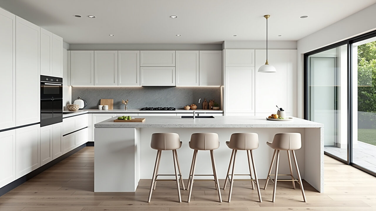 Bancada de quartzo branco elegante em cozinha americana.