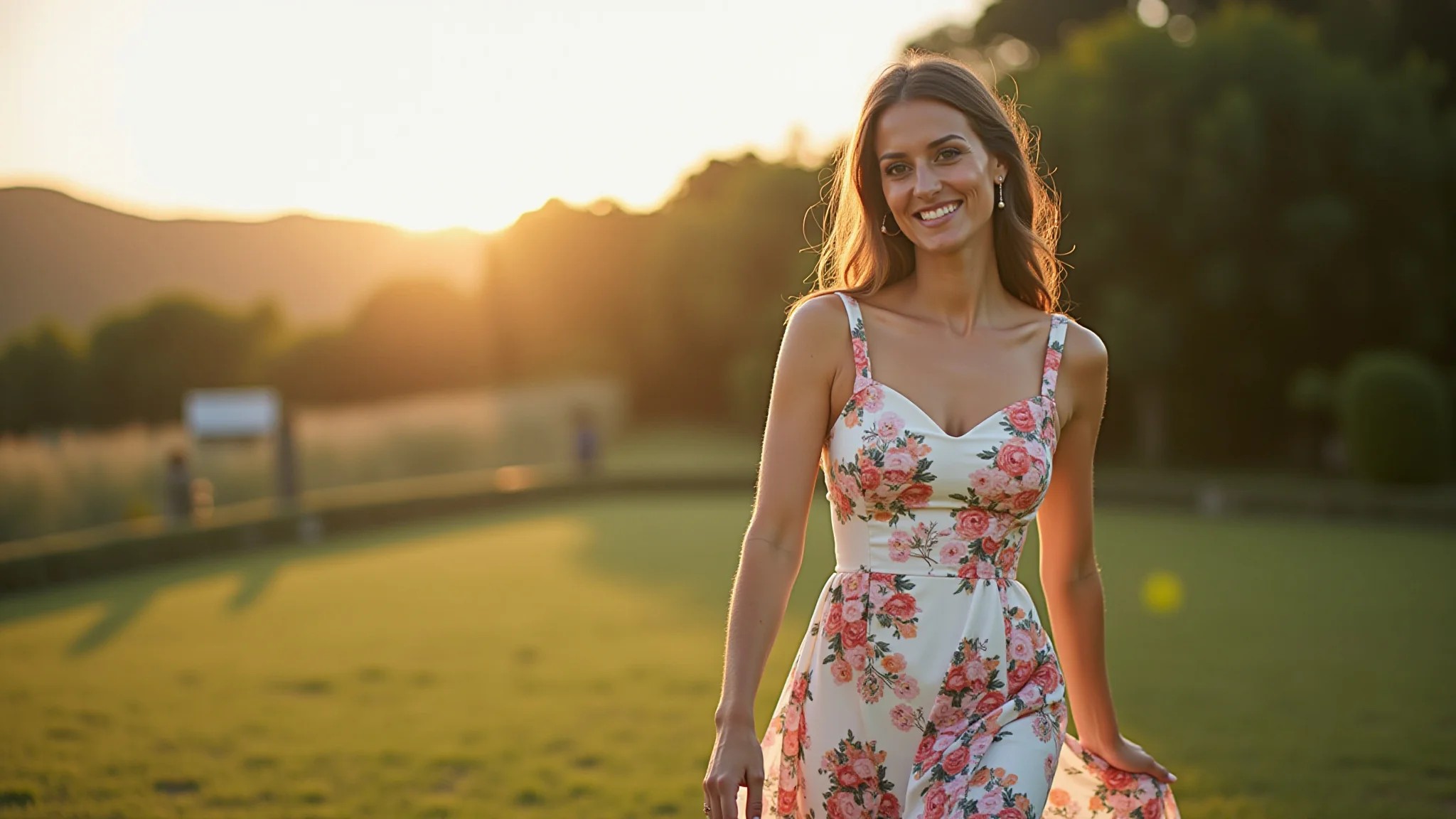 Convidada elegante em casamento ao ar livre, usando vestido midi estampado floral.