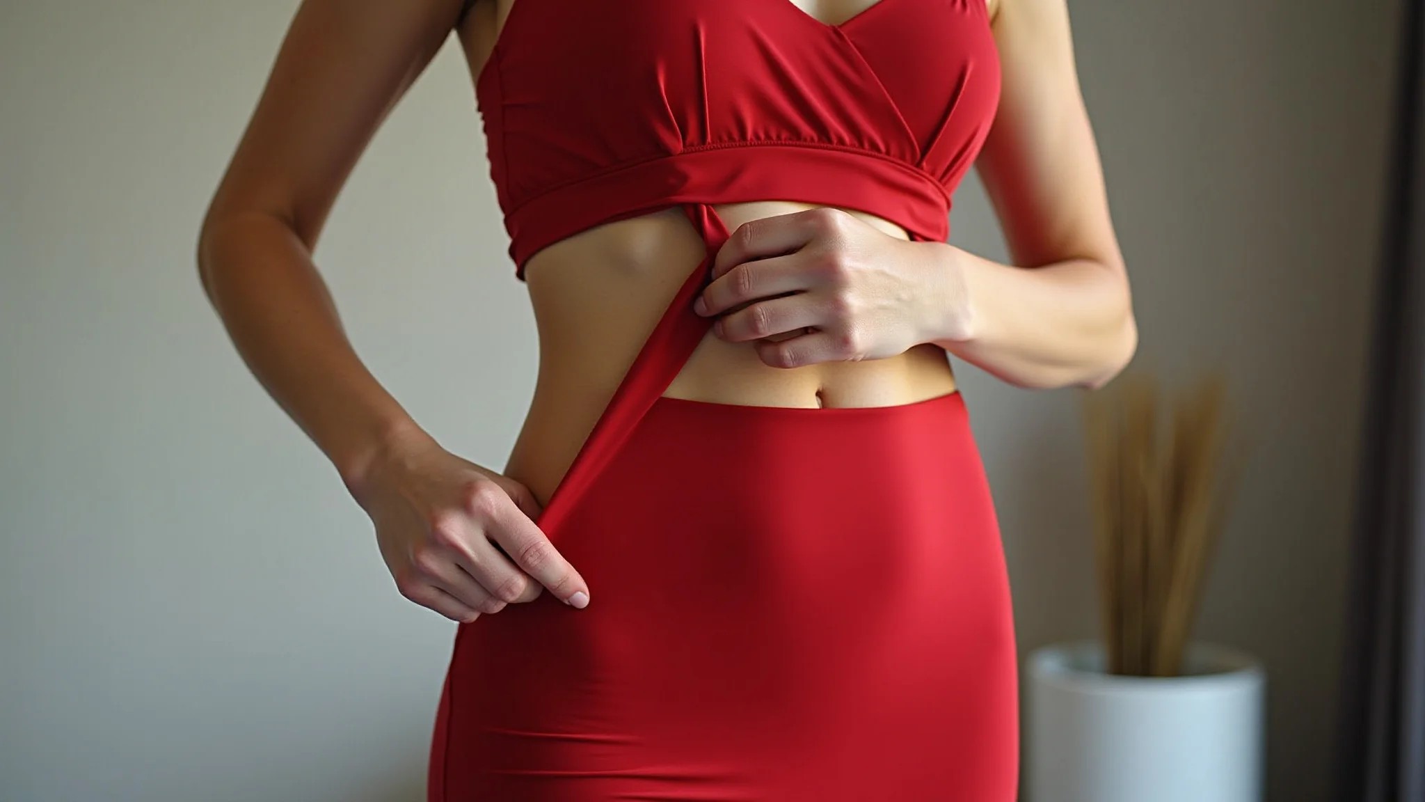 Mulher experimentando calcinha nude sem costura sob vestido de festa vermelho justo.