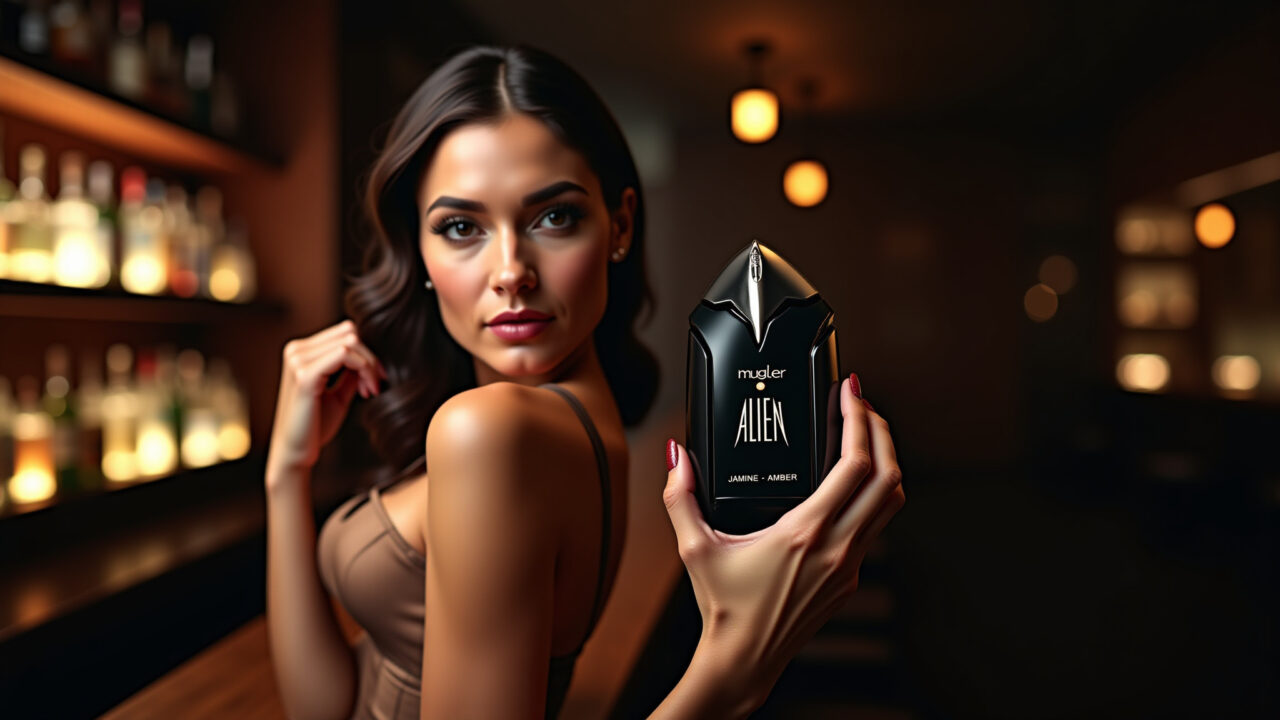 Mulher elegante com Alien de Mugler em bar à noite.