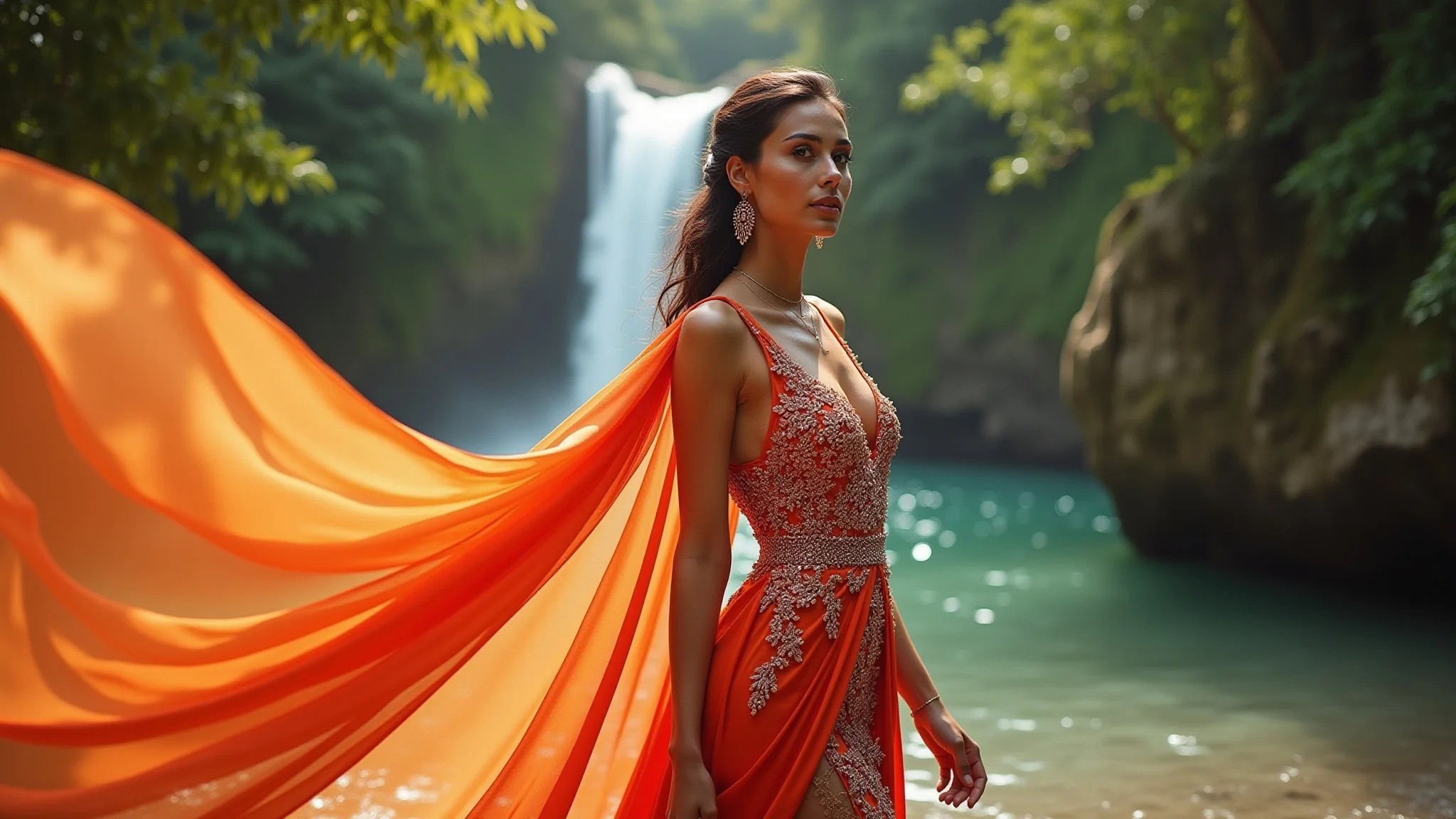 Mulher elegante em um vestido de festa longo e vibrante, em um cenário brasileiro.