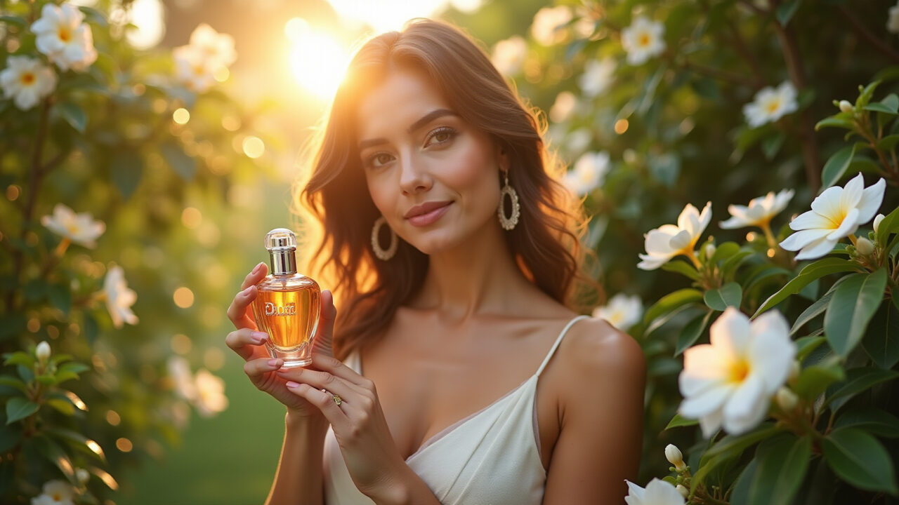Mulher elegante com J'adore Dior em jardim de jasmim.