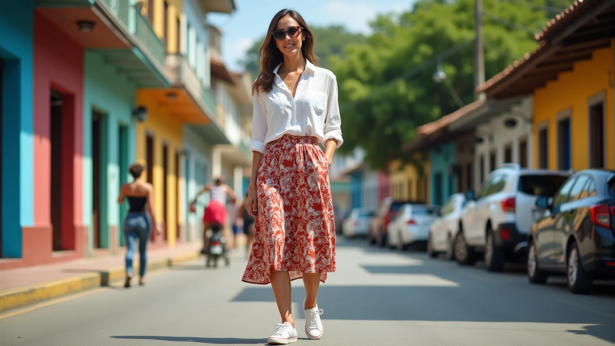 Mulher elegante com saia midi floral e tênis em rua vibrante no Brasil.