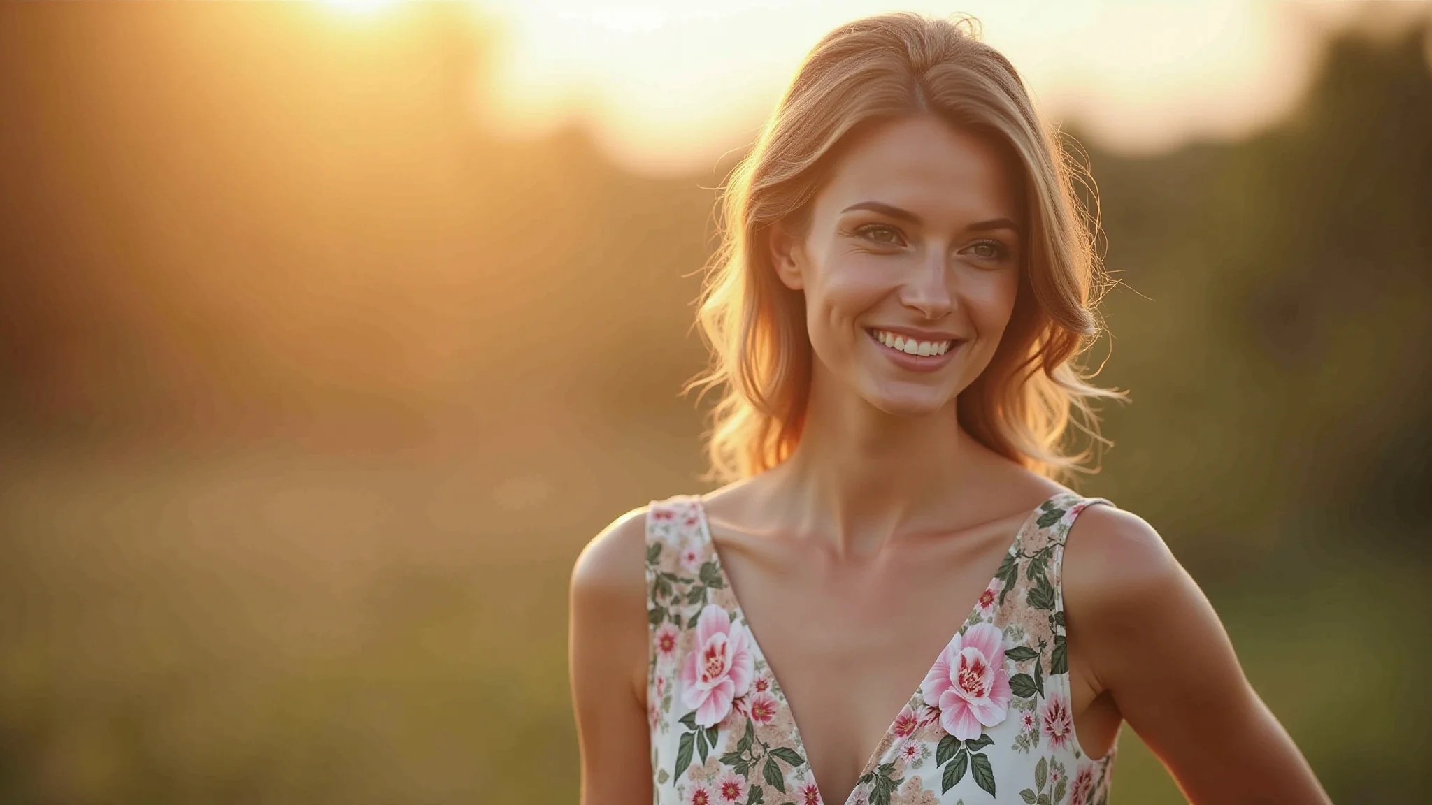 Mulher elegante em vestido floral celebrando bodas de papel, luz dourada suave.