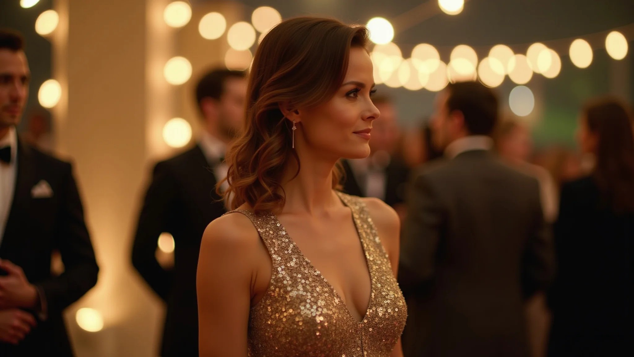 Mulher elegante com vestido de paetê dourado em festa de casamento noturna.