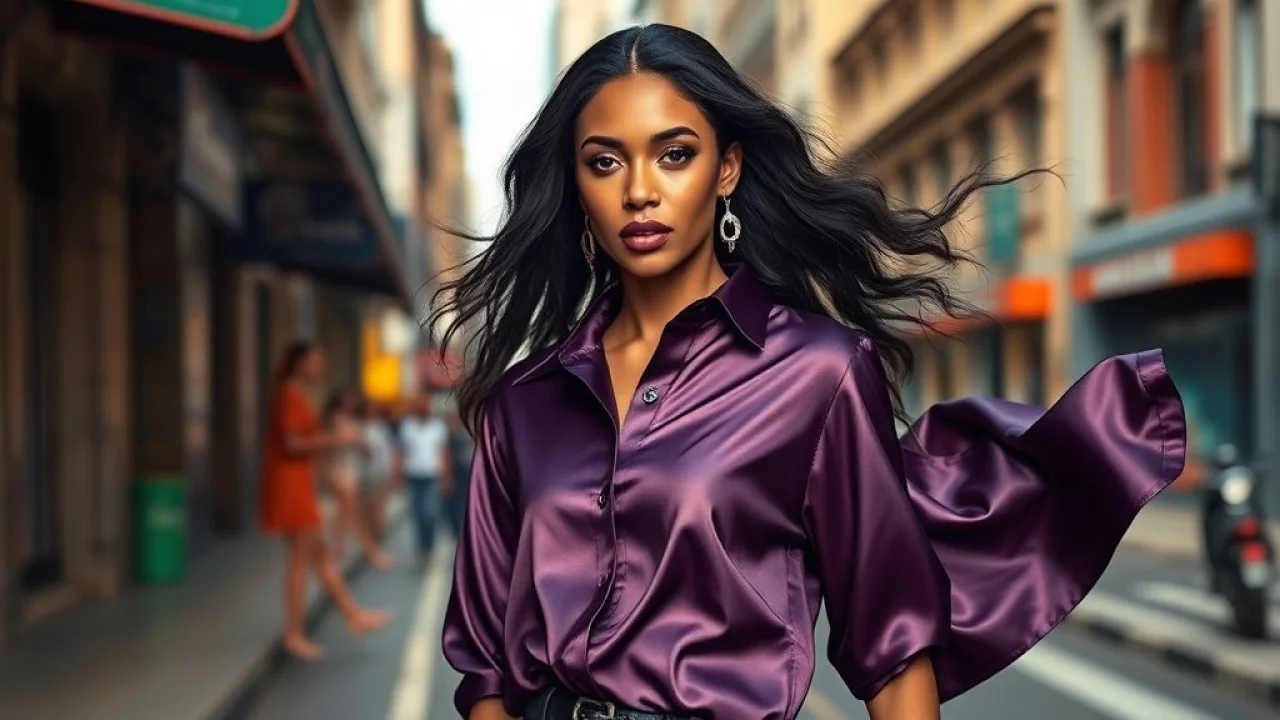 Mulher elegante com camisa de cetim no Rio de Janeiro, moda brasileira