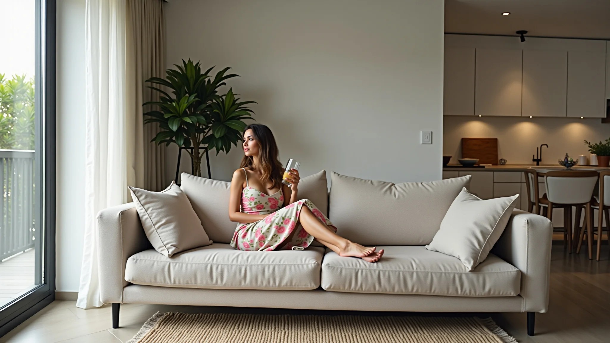 Mulher relaxando em um sofá de linho estiloso em apartamento brasileiro moderno.