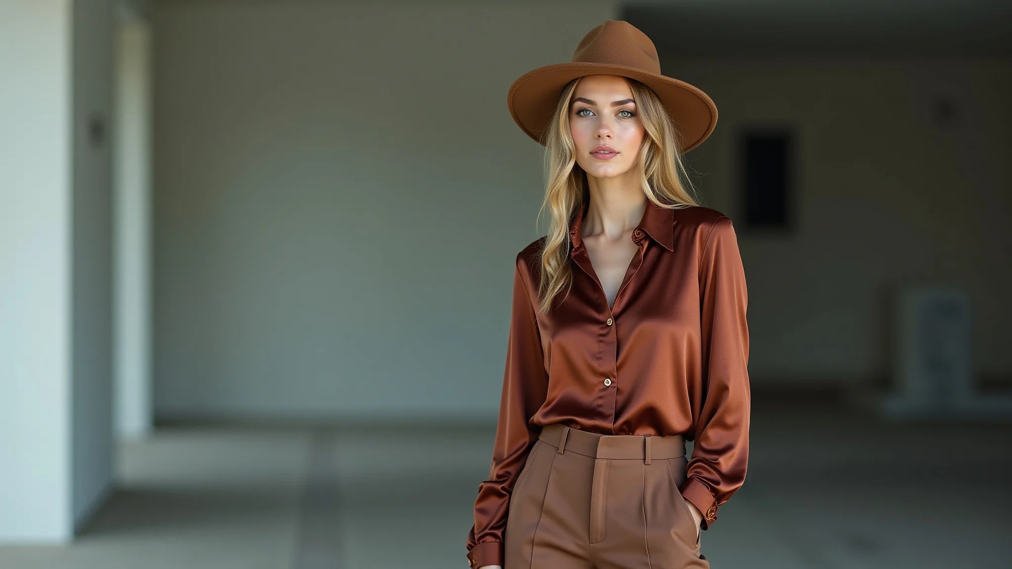 Mulher elegante com fedora, calça de alfaiataria e camisa de seda, posando.