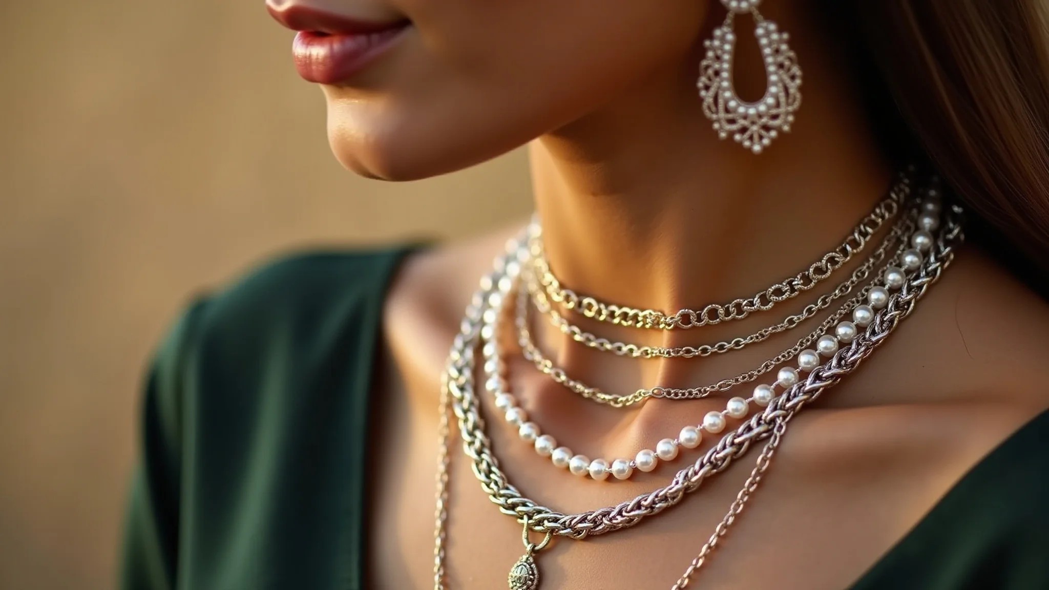 Mulher elegante usando mix de colares com pérolas e correntes delicadas.