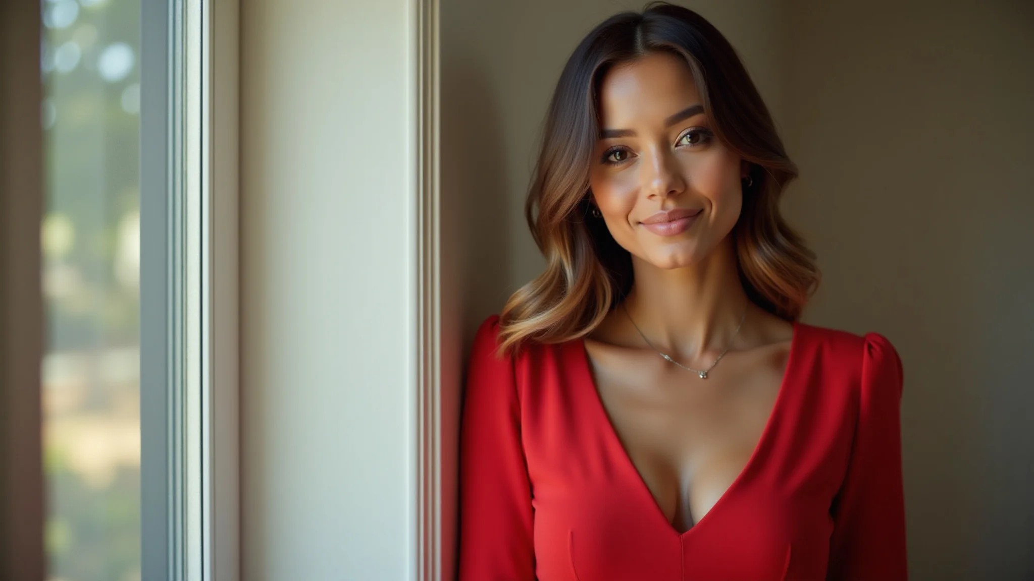 Mulher elegante vestindo um macacão vermelho com decote em V, com iluminação brilhante e estilo brasileiro.