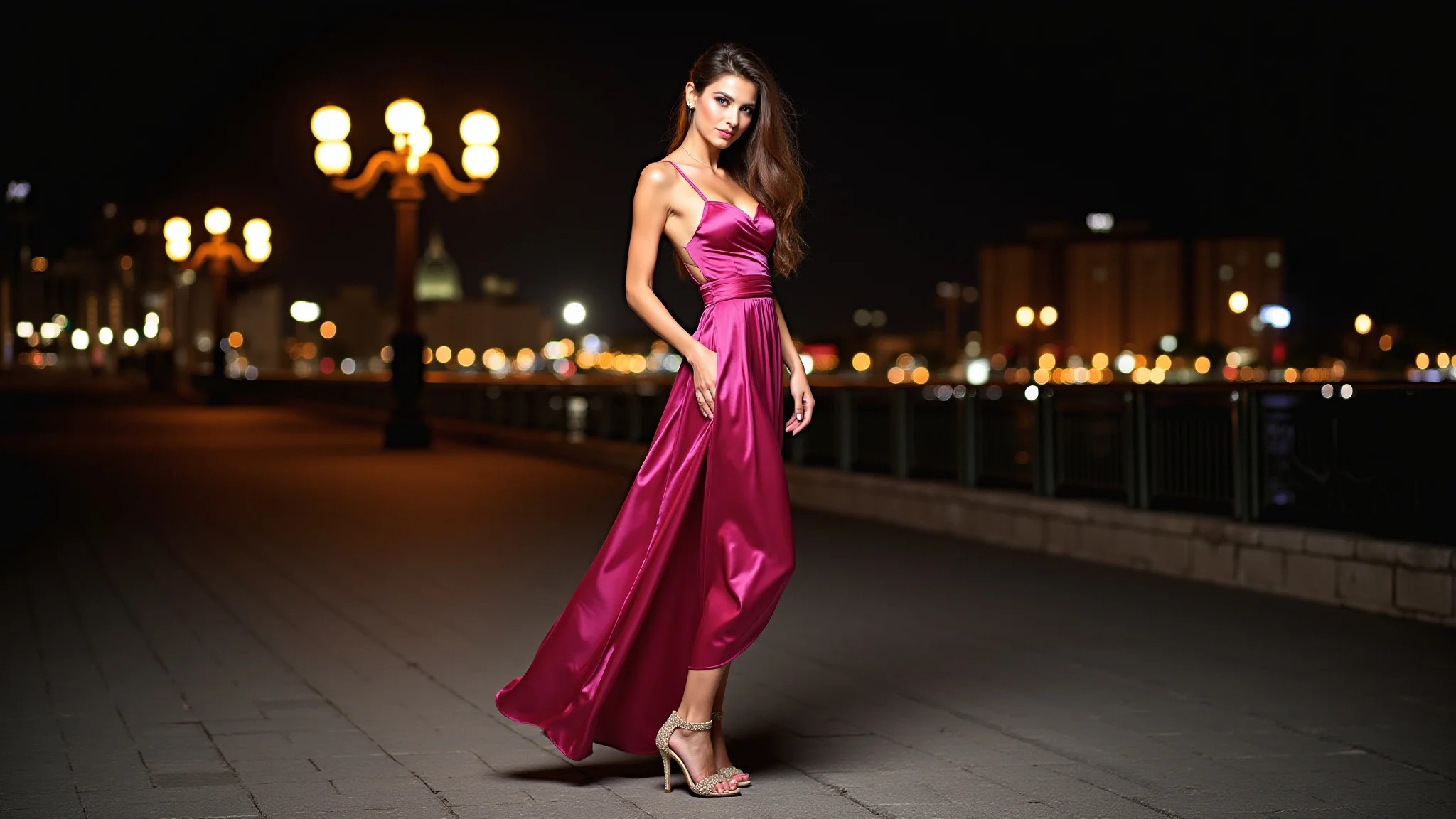 Mulher elegante em slip dress de seda e salto alto em cena noturna.